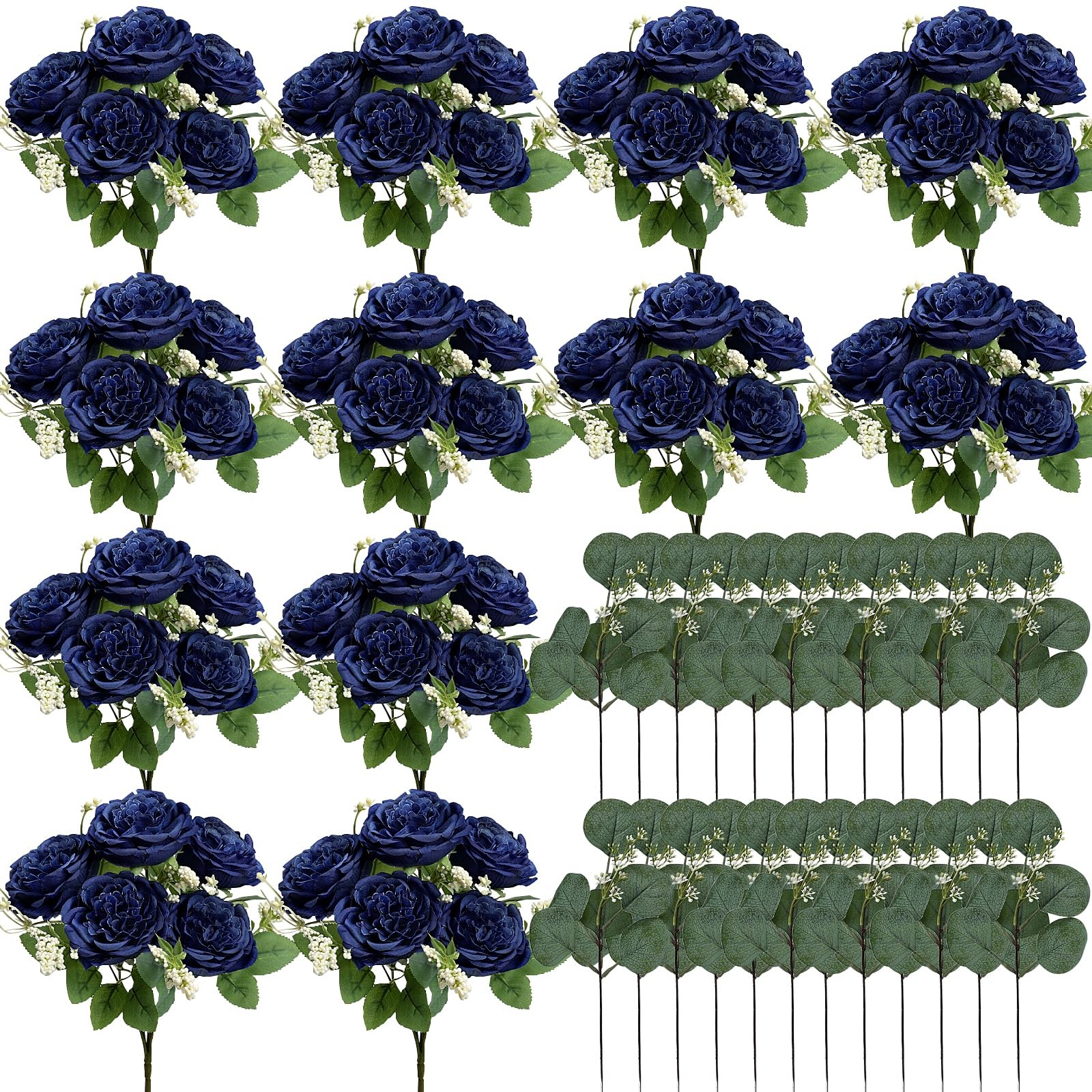 12 PCS Navy Blue Peonies Artificial Flowers Fake Silk Faux Eucalyptus Bouquet
