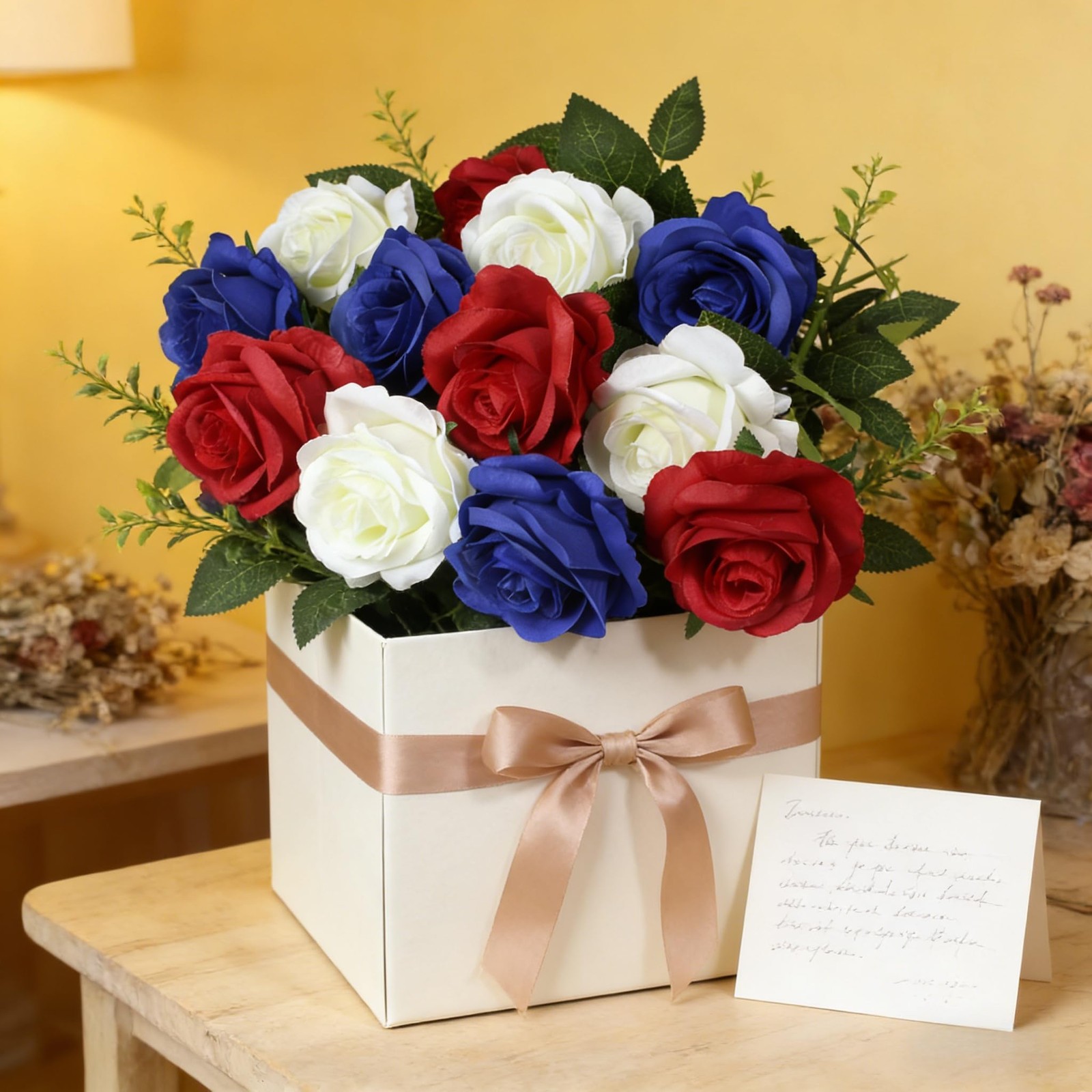 Artificial Roses Flowers, 12 Pcs Red White Blue Patriotic Long Stem Realistic…