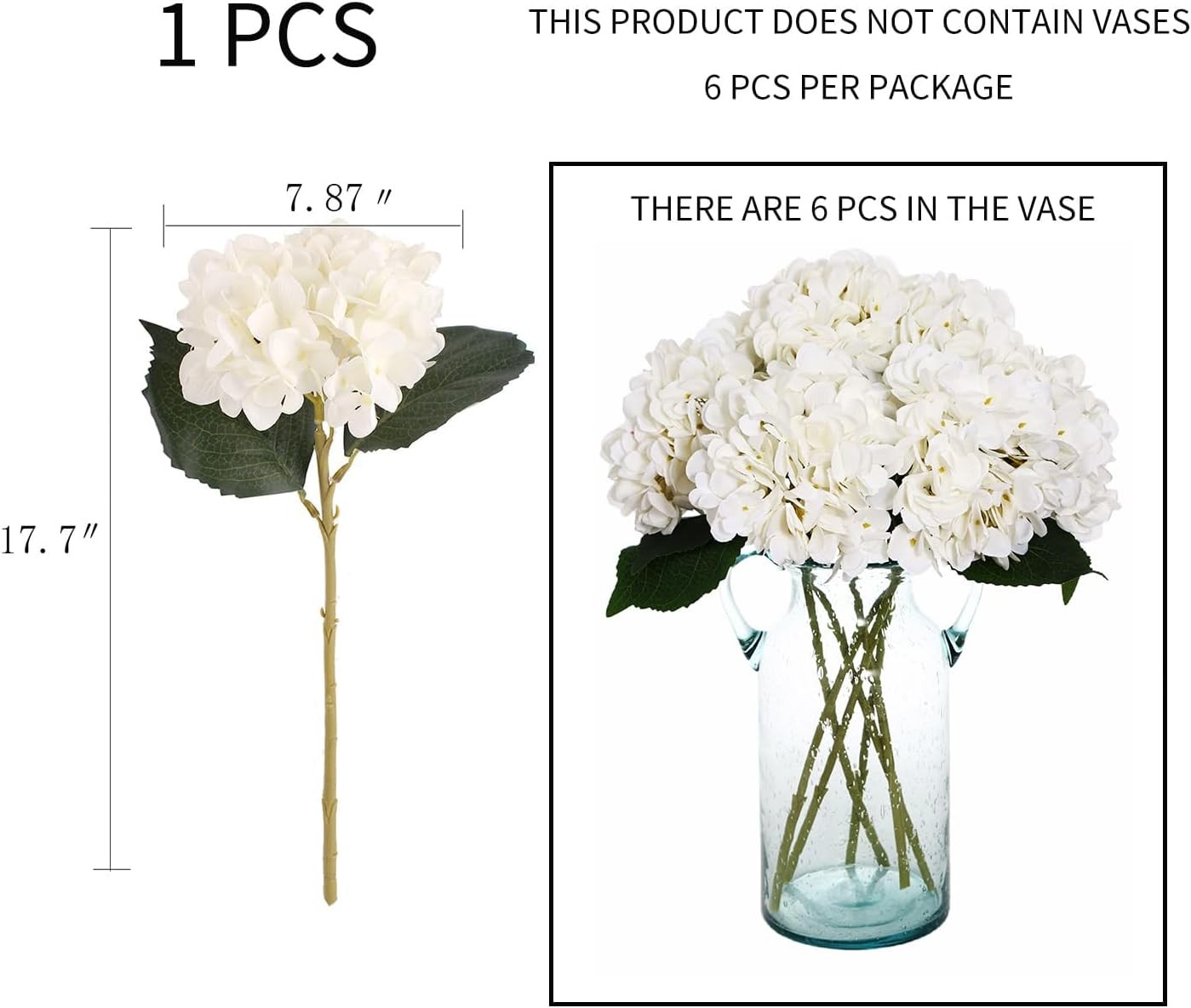 6pcs White Silk Hydrangea Flowers with Stems for Wedding