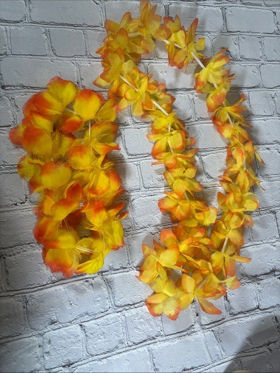 Matching Set of Hawaiian Artificial Flowers Lei and Crown Yellow Orange