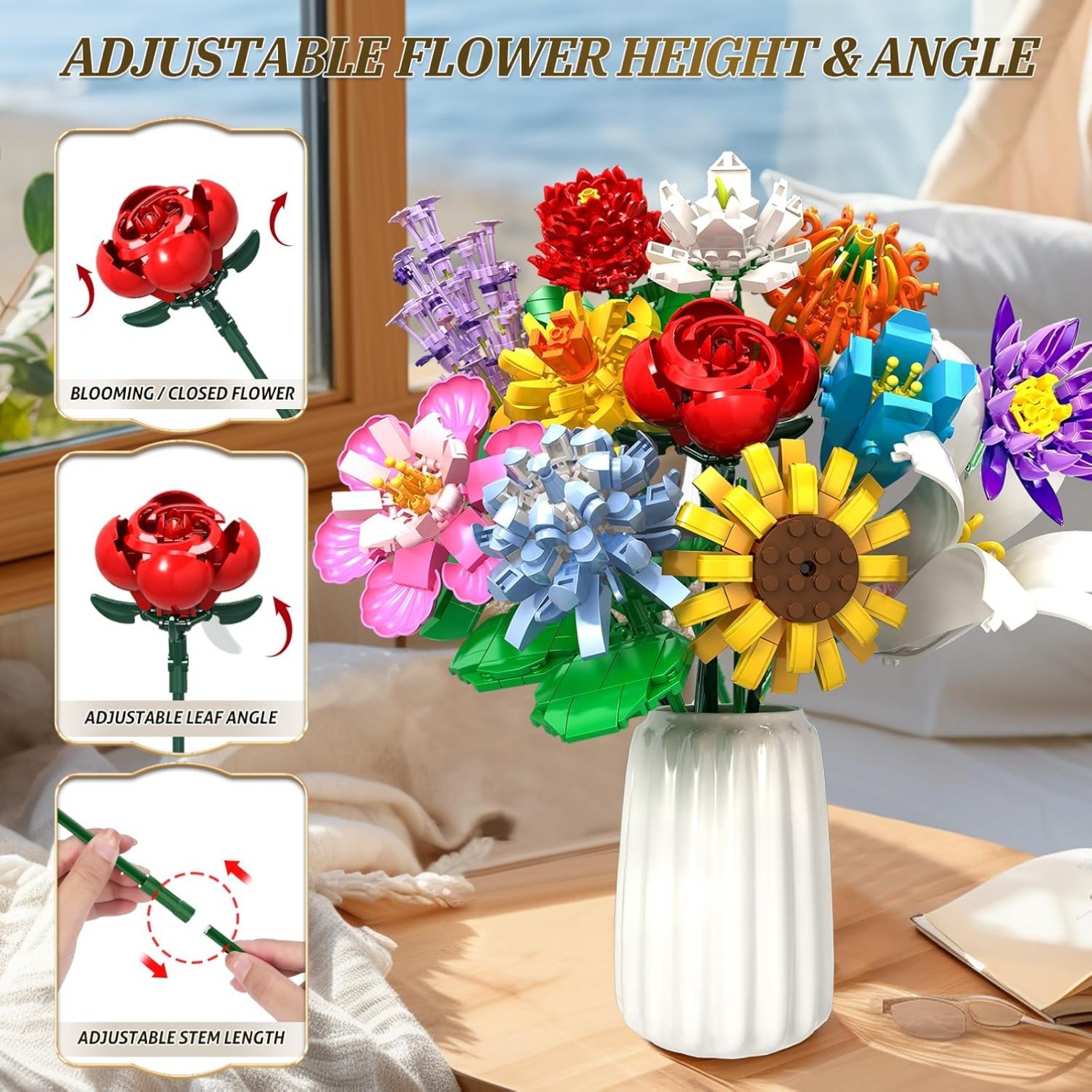 12 Kinds of Flowers Bouquet Building Set,Gifts Ideal for 6+ Women Girls, No Vase