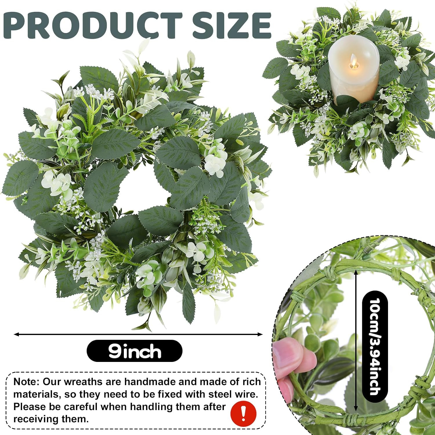 6 Pcs Artificial Eucalyptus Candle Rings Wreaths | 9 Inch Small Eucalyptus Wreat