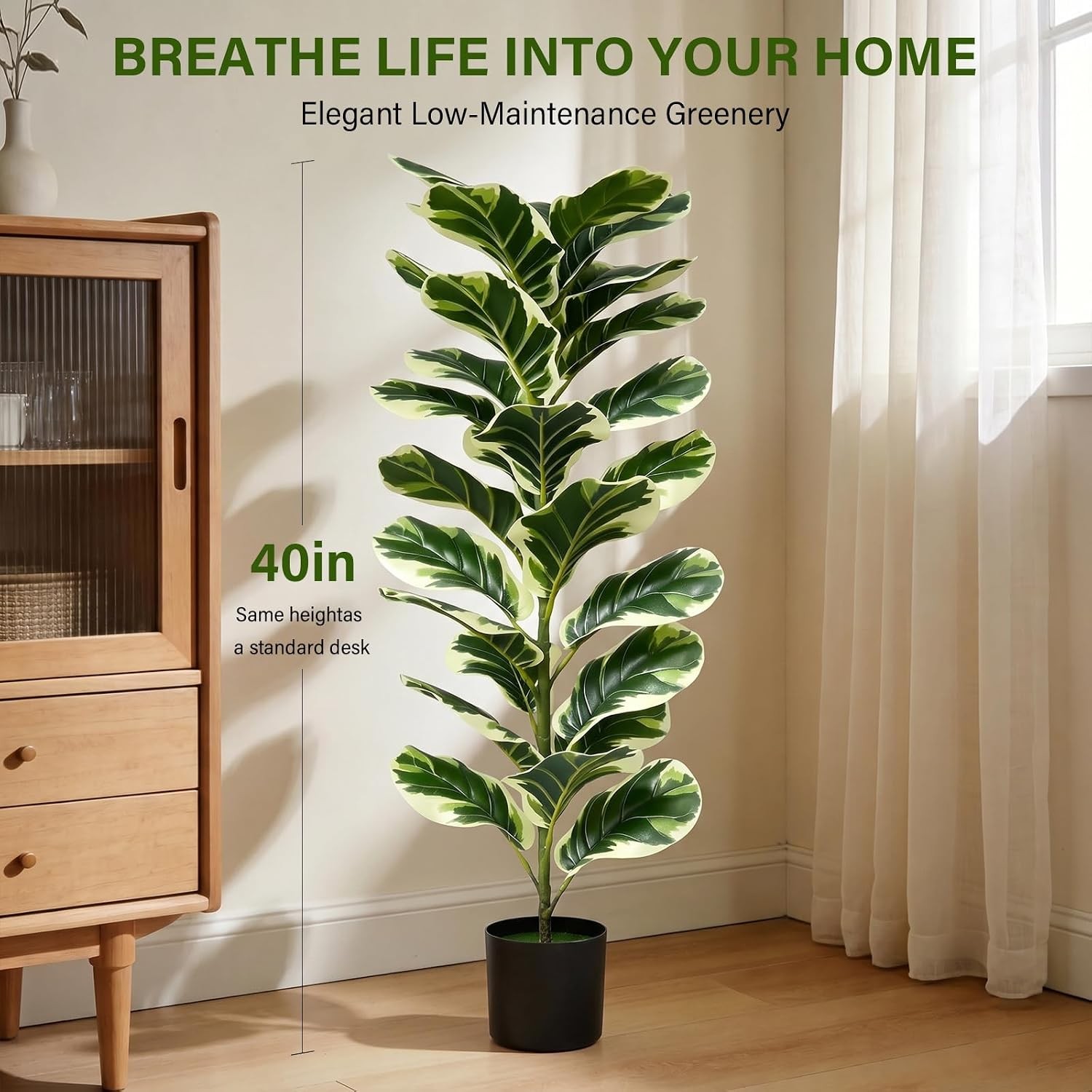 Set of 2 Fiddle Leaf Fig Tree 40” Fake Tree Plants Artificial Decor with Green