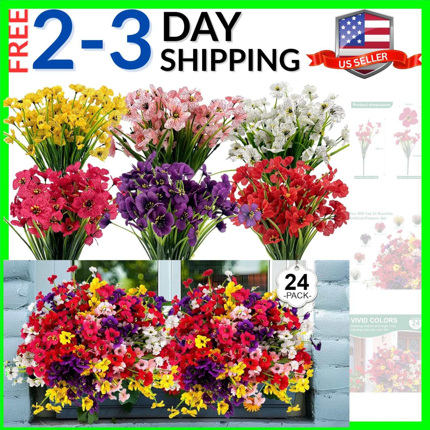 24 Pcs 6 Color UV Resistant Outdoor Artificial Faux Flowers Plants Realistic …