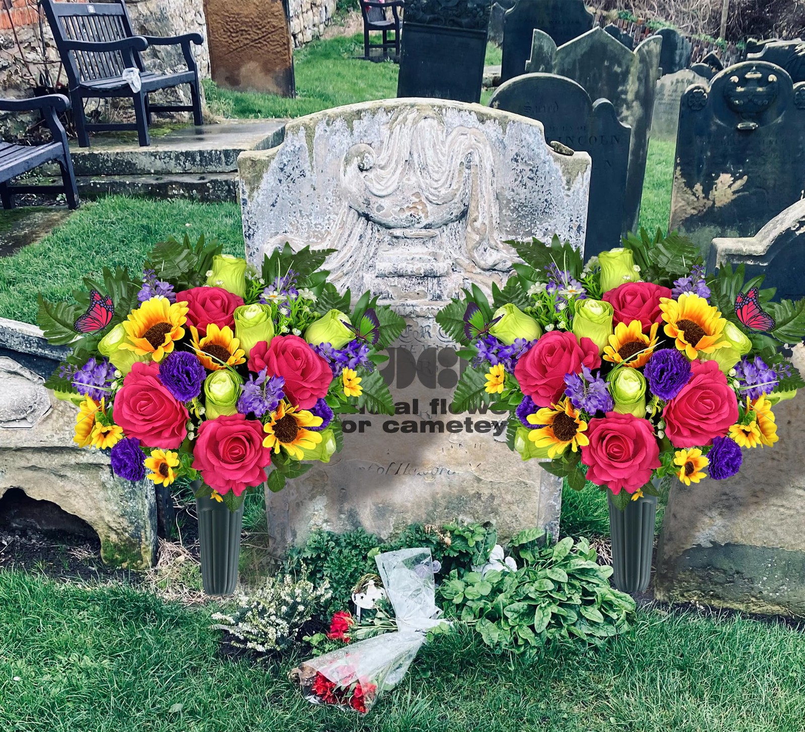 Grave Flowers Colorful Memorial Silk Bouquet With Vase Graveyard Decor 1 PCS