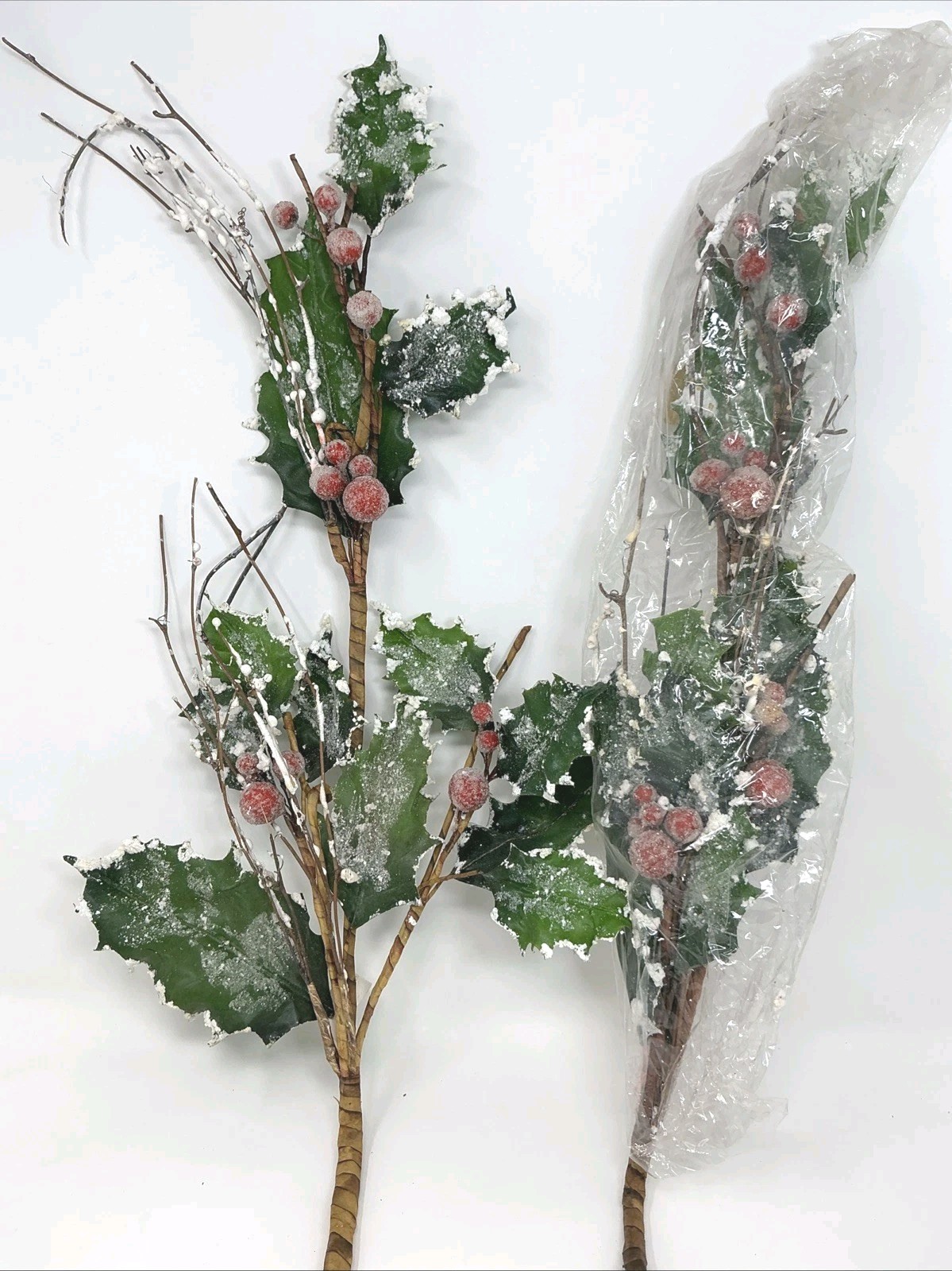 Holly Leaf Floral Pick w Flocked Edges Red Sugar Berries 36” 2 Picks Artificial