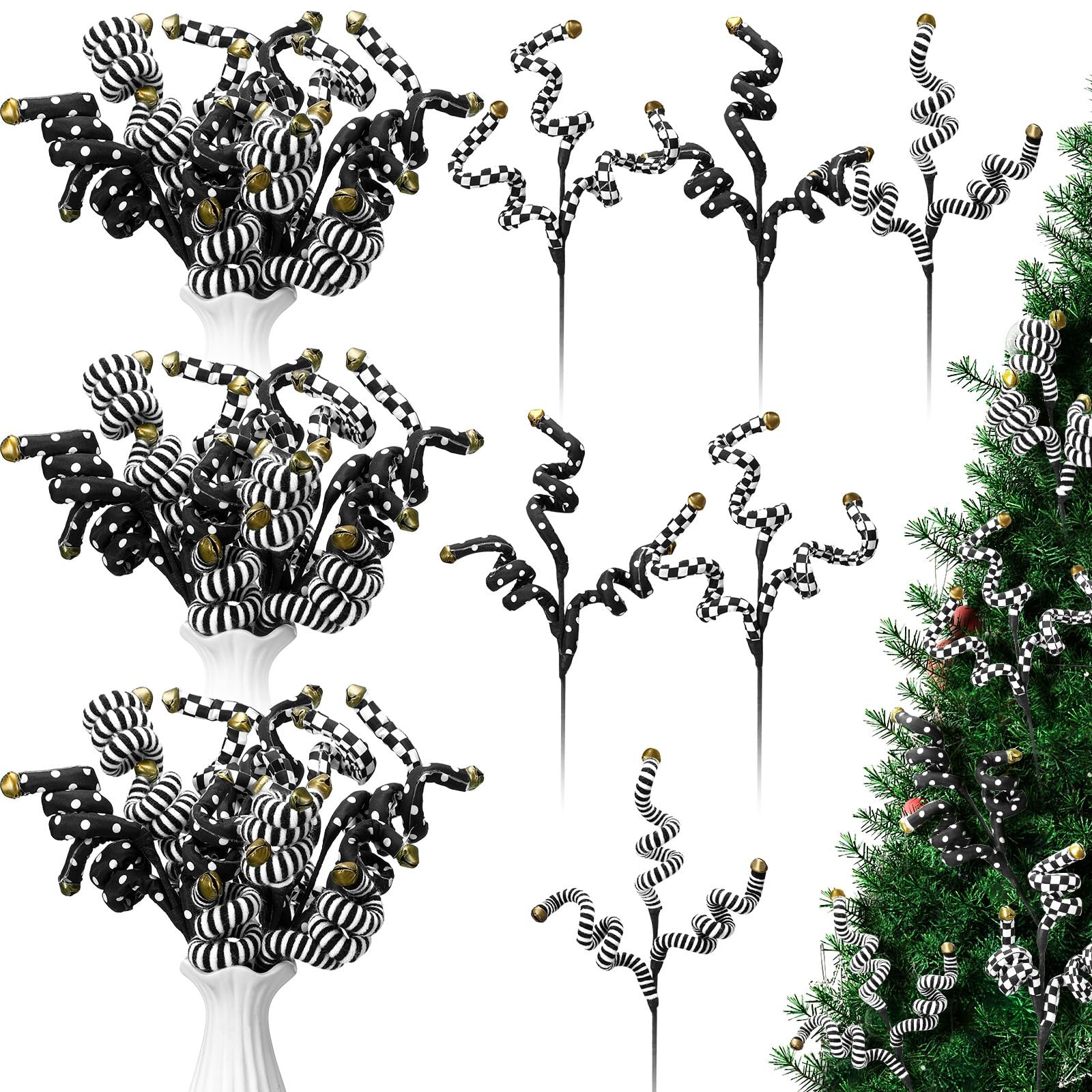 6 PCS Black, White Christmas Picks, Woolen Bells, Curly Branches, Ornament