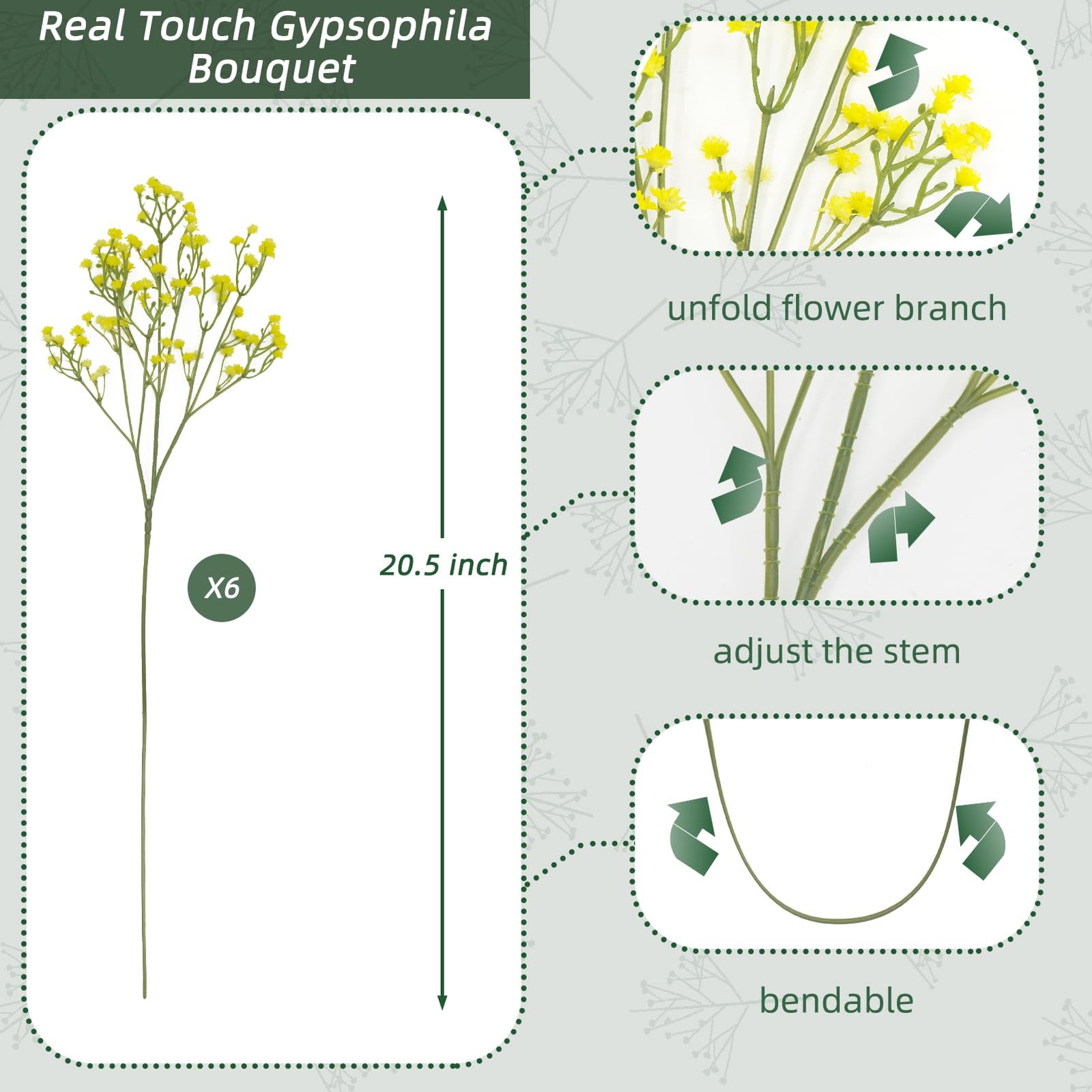 6 Bunches Yellow Babys Breath Artificial Flowers 20.5 Inch Gypsophila Bouquet