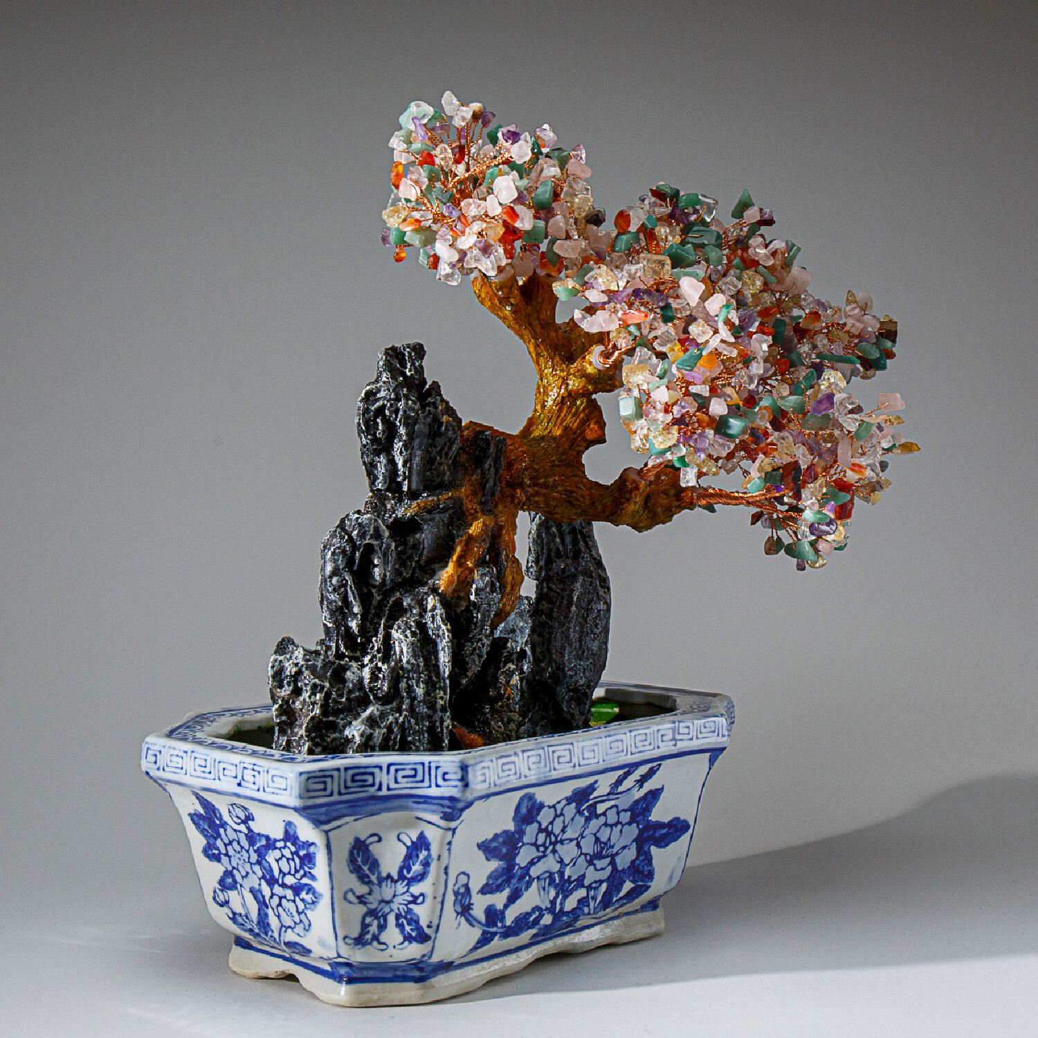 Genuine Multi Gemstone Bonsai Tree in Oval Ceramic Pot (13”)