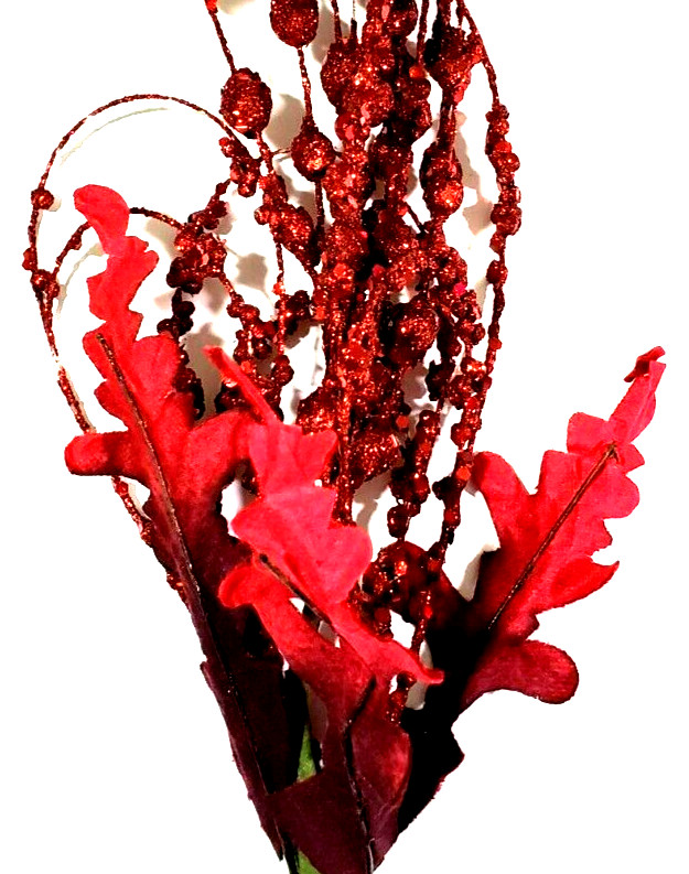 Red Glittered Velvet Leaf & Ball Picks Very Glittery 18″ Tall Set of 7