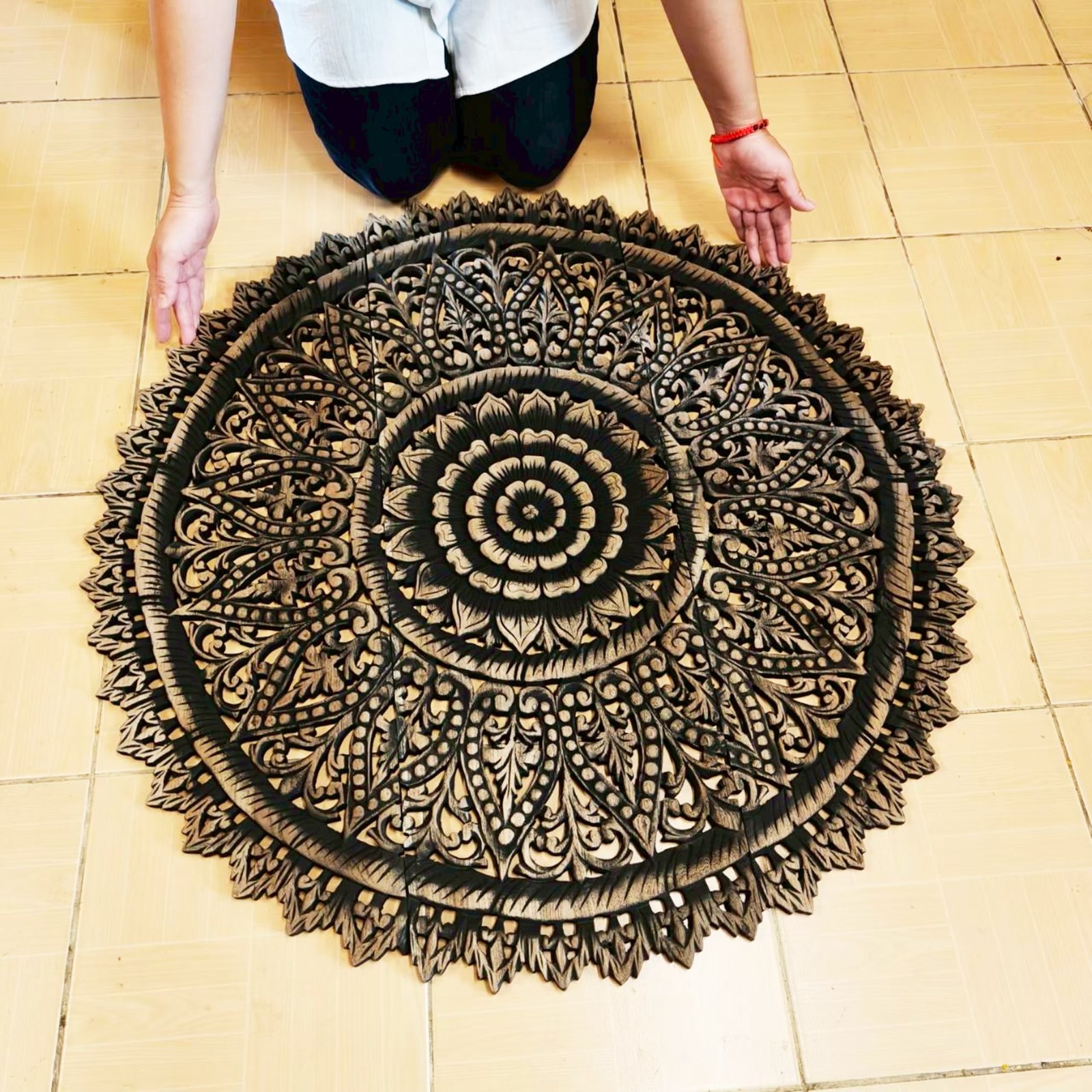 36″ Large Round Black Mandala Wood Carving Wall Art 3-Piece Set Office Decor
