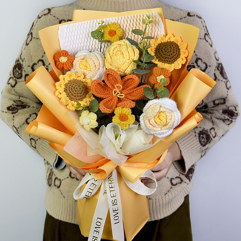 Completed Hand Knitted Crochet Flowers Bouquet Sunflower Daisy Lily Tulips Carna