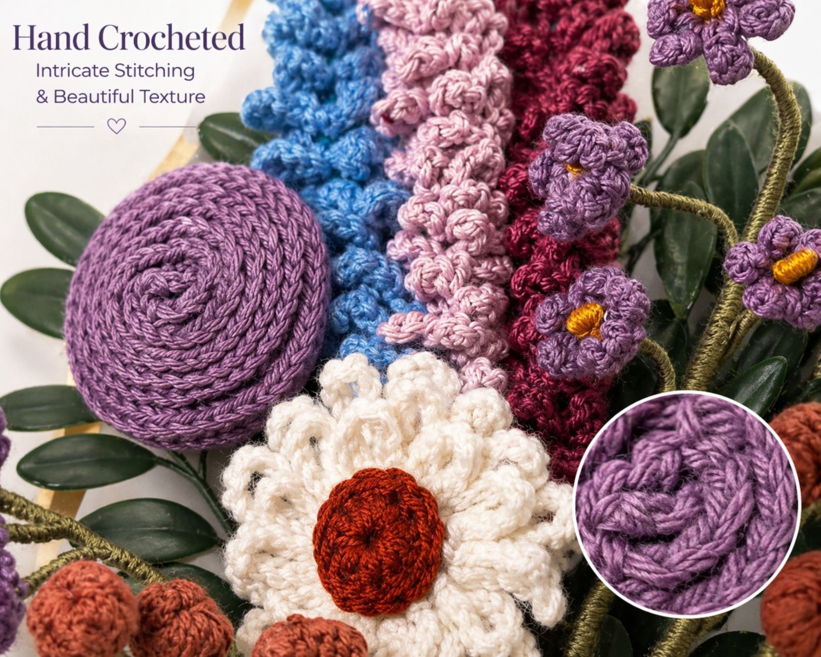 Hand Crocheted Flower Bouquete 16” x 14” Crochet Flowers Rose, Daisy Lavend