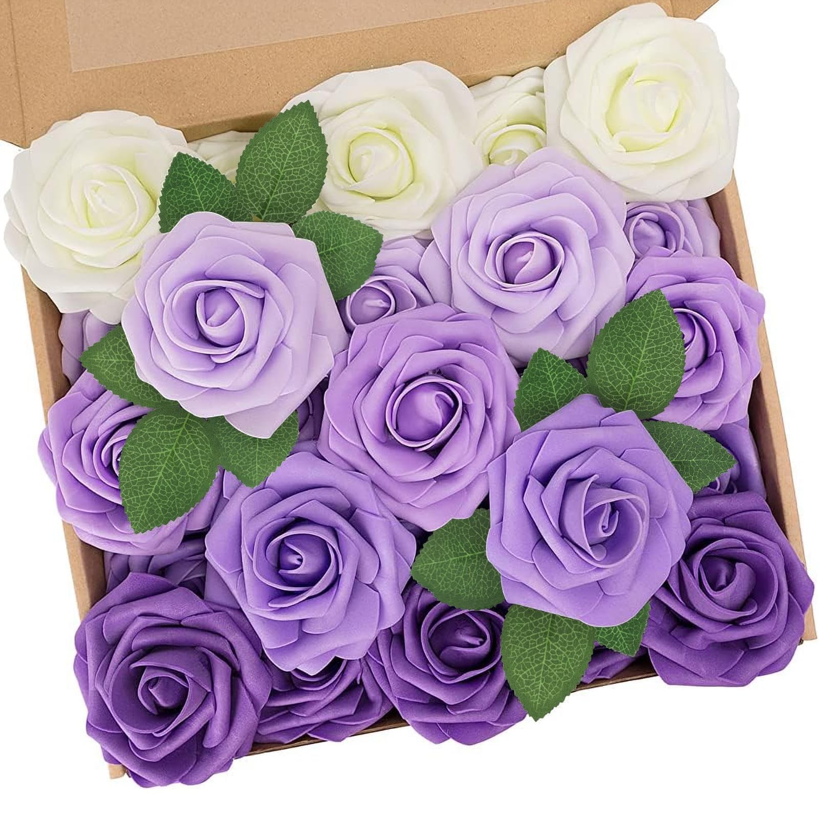 N&T NIETING Purple Roses Artificial Flowers 25Pcs Fake Flowers Foam Roses with S