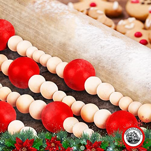9 Foot Red & Natural Wood Bead Ball Christmas Garland | Wooden Christmas Tree