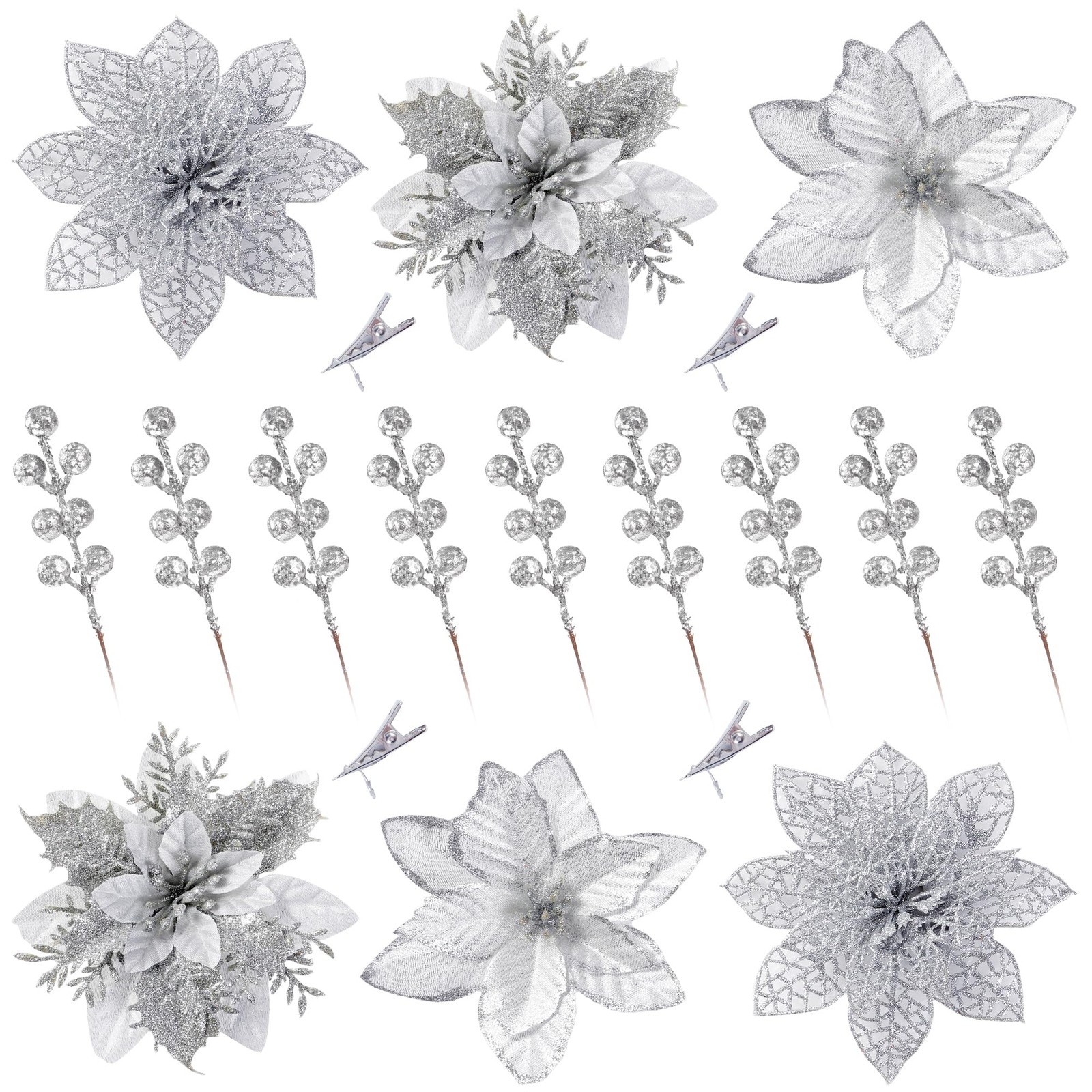 30 Pcs 3 Styles Christmas Glitter Poinsettia Flowers Artificial Berry Picks C…