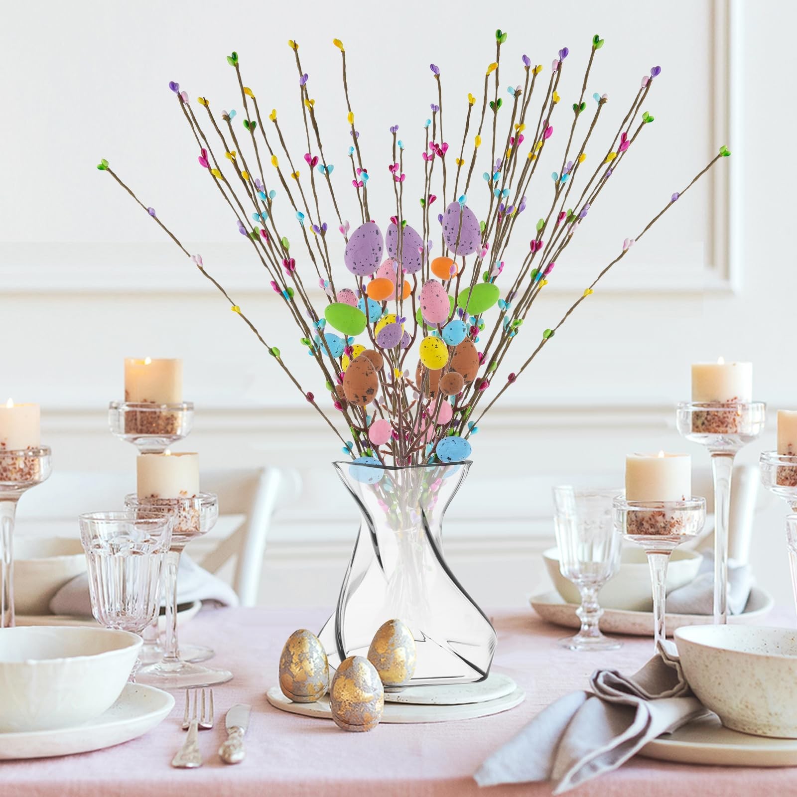 48PCS Artificial Easter Spray Vine, Pastel Easter Eggs and Berries, Easter Eg…