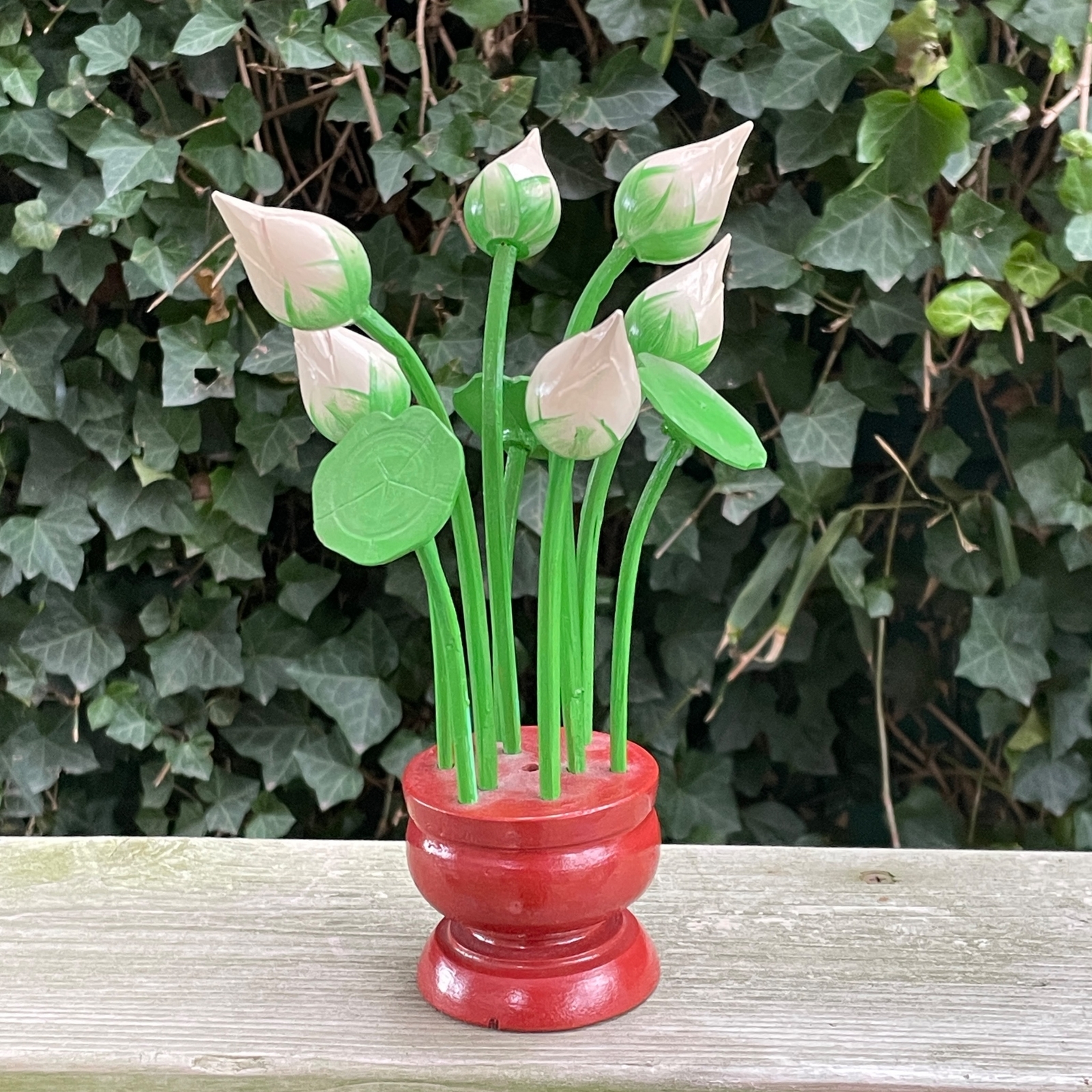 9″ Carved Painted Wood White Lotus Buds 6 Flower Arrangement Table Display