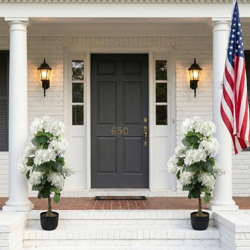 Pcs 3 Ft Artificial Hydrangea Trees Potted, UV Resistant Faux Silk 2 White