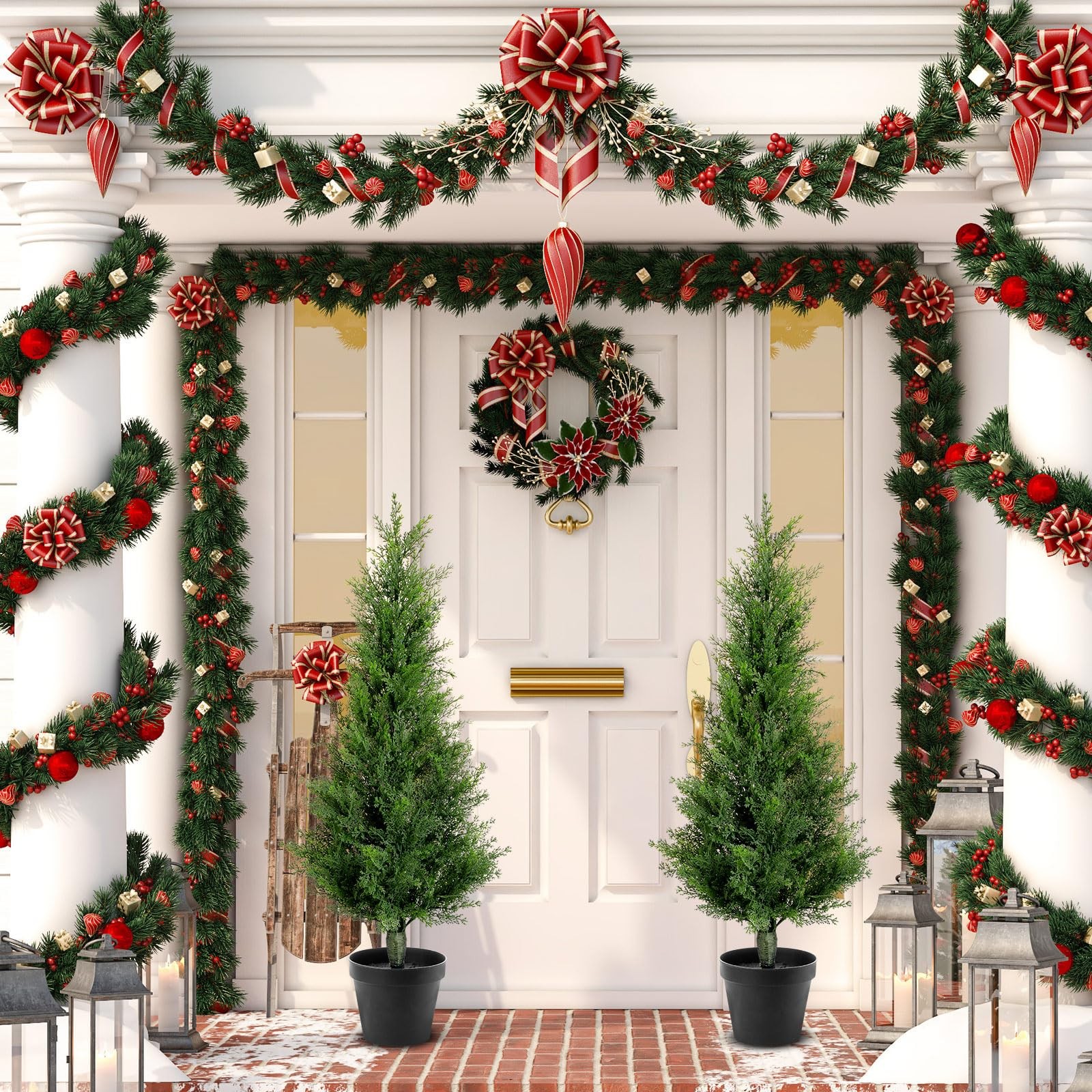 4 Set 3 ft Artificial Cedar Trees with Ground Spike Summer Yard Decoaration U…