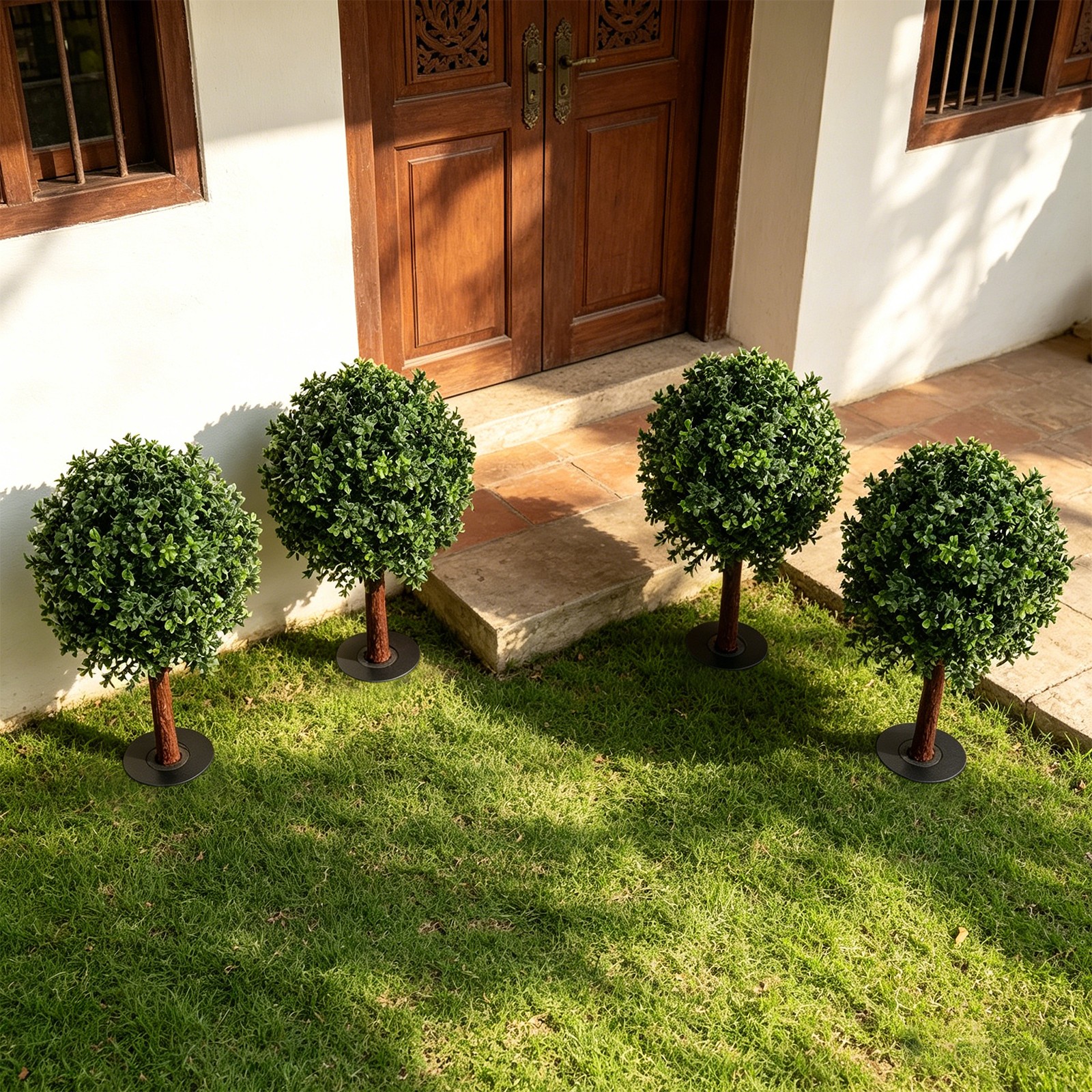 4 Pcs 25.6inch Artificial Boxwood Topiary Ball Trees with Ground Spikes