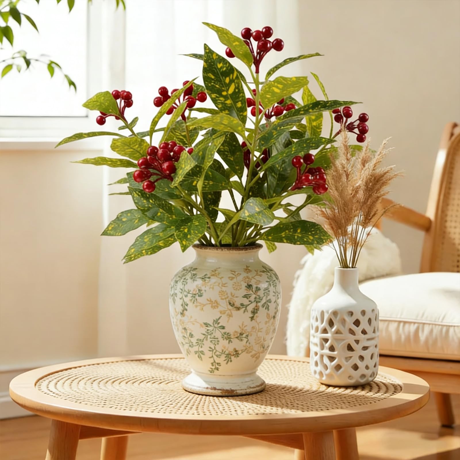 3 Pcs Artificial Greenery Plants, 18″ Faux Christmas Red Berry Plants Stems f…