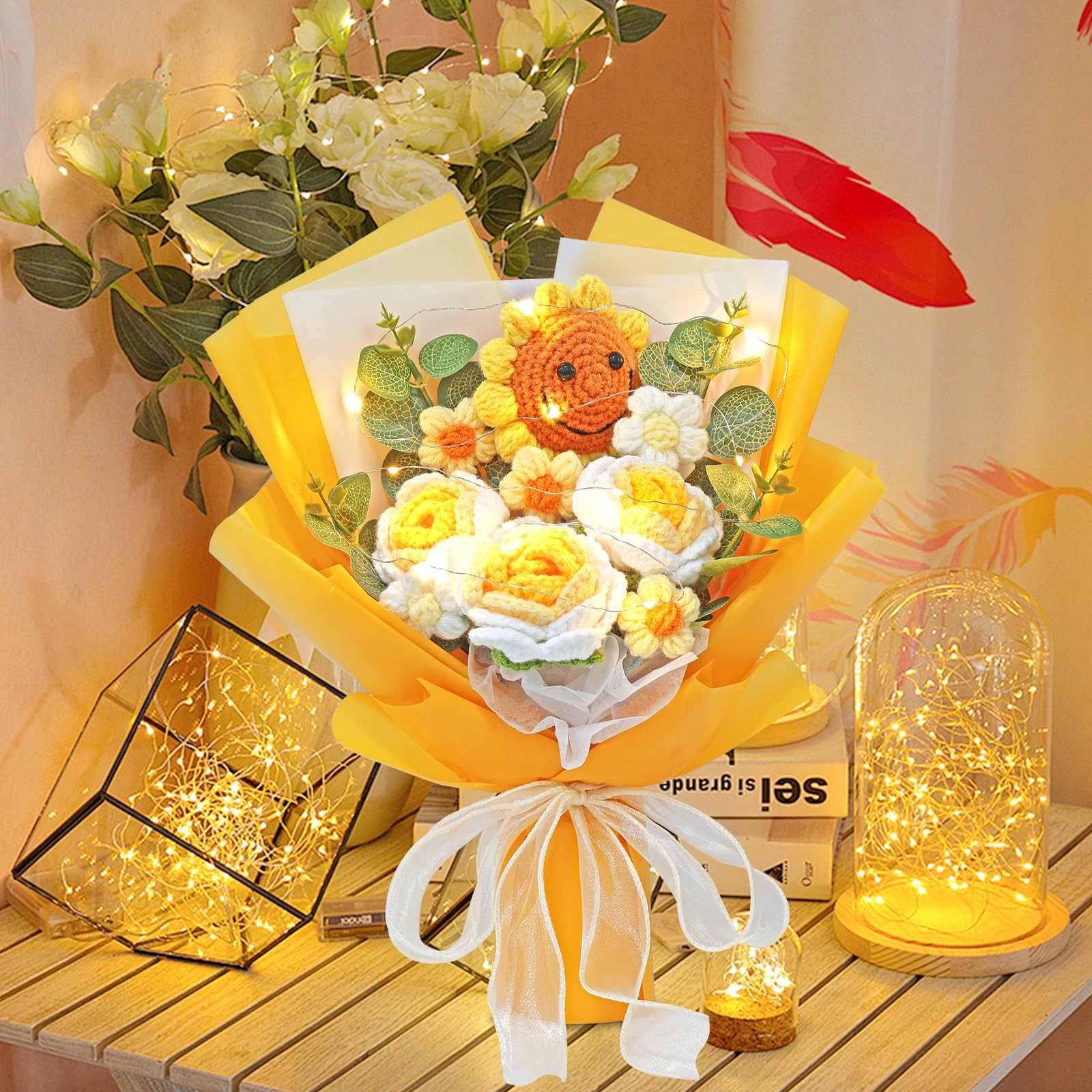 Yellow Crochet Flower Bouquet Artificial Sunflower Finished Handmade Knitted …