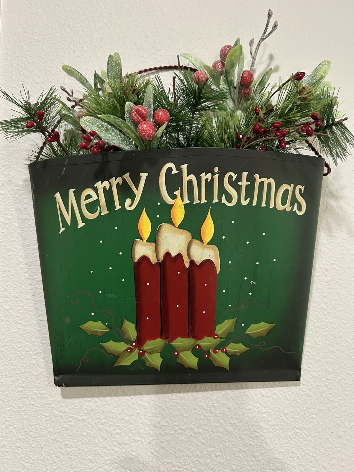 Merry Christmas Wall Decor Painted Tin Bucket with Artificial Berries and Pine