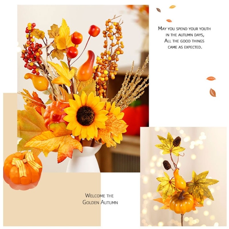 2pcs Thanksgiving Harvest Display Craft Supplies Artificial Maple Leaves Branch