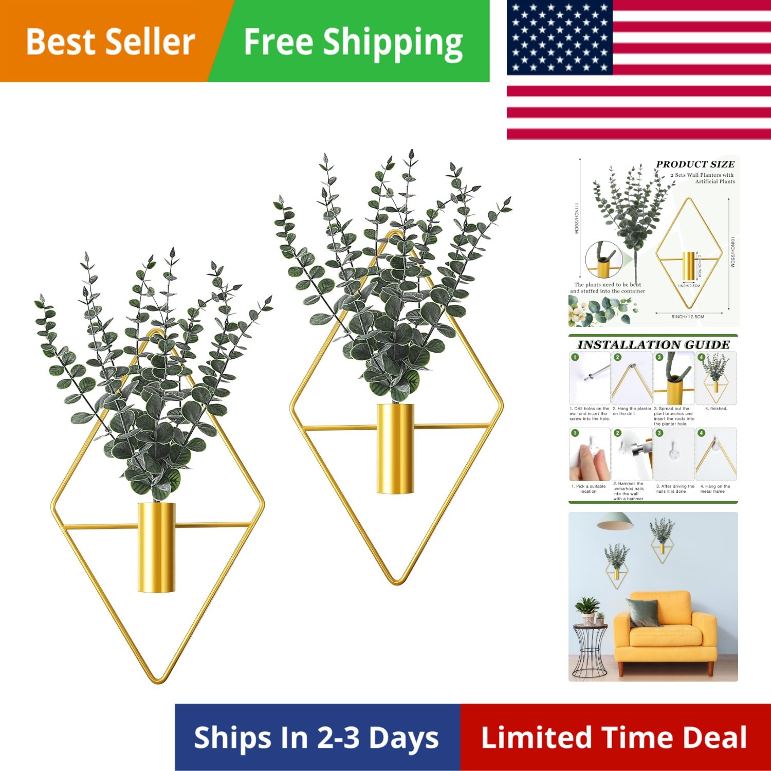 4 Pcs Hanging Planters with Artificial Eucalyptus Metal Hanging Vase Indoor P…