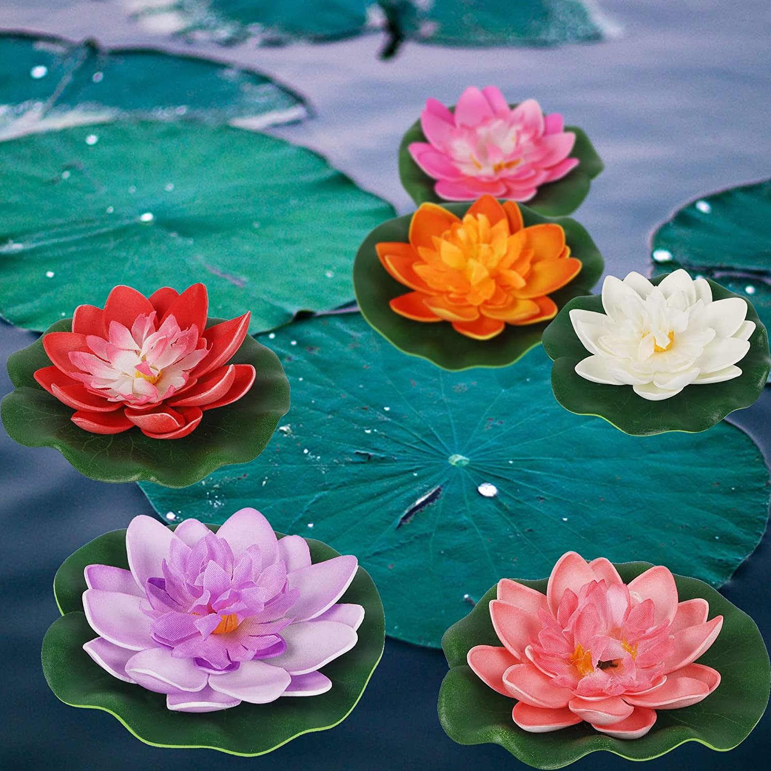 12 Pcs Artificial Floating Foam Lotus Flower with Lily Pad for Garden Pond Decor