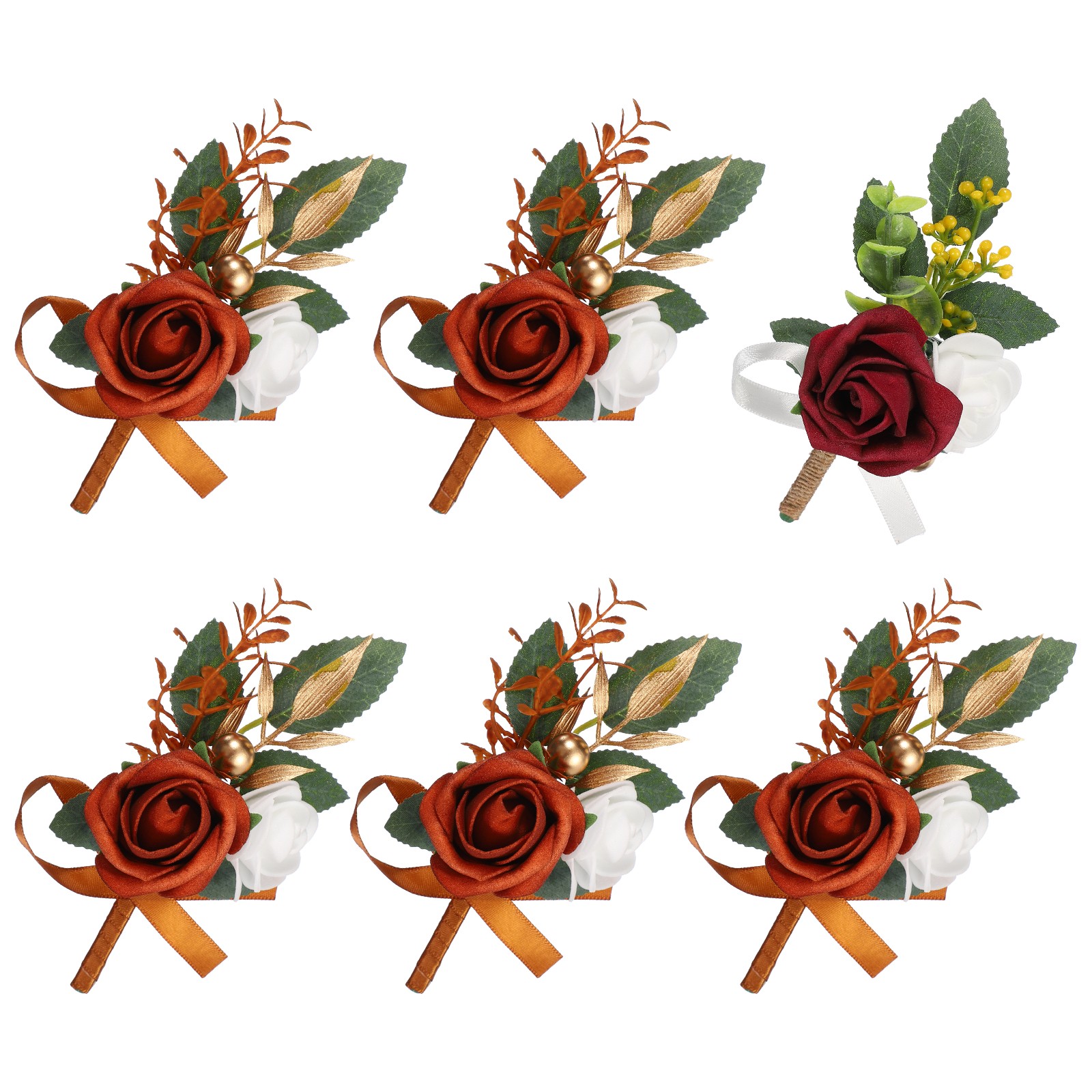 Mens Boutonnieres for Weddings, 6 Pcs Rose Boutonnieres, Burgundy/Caramel