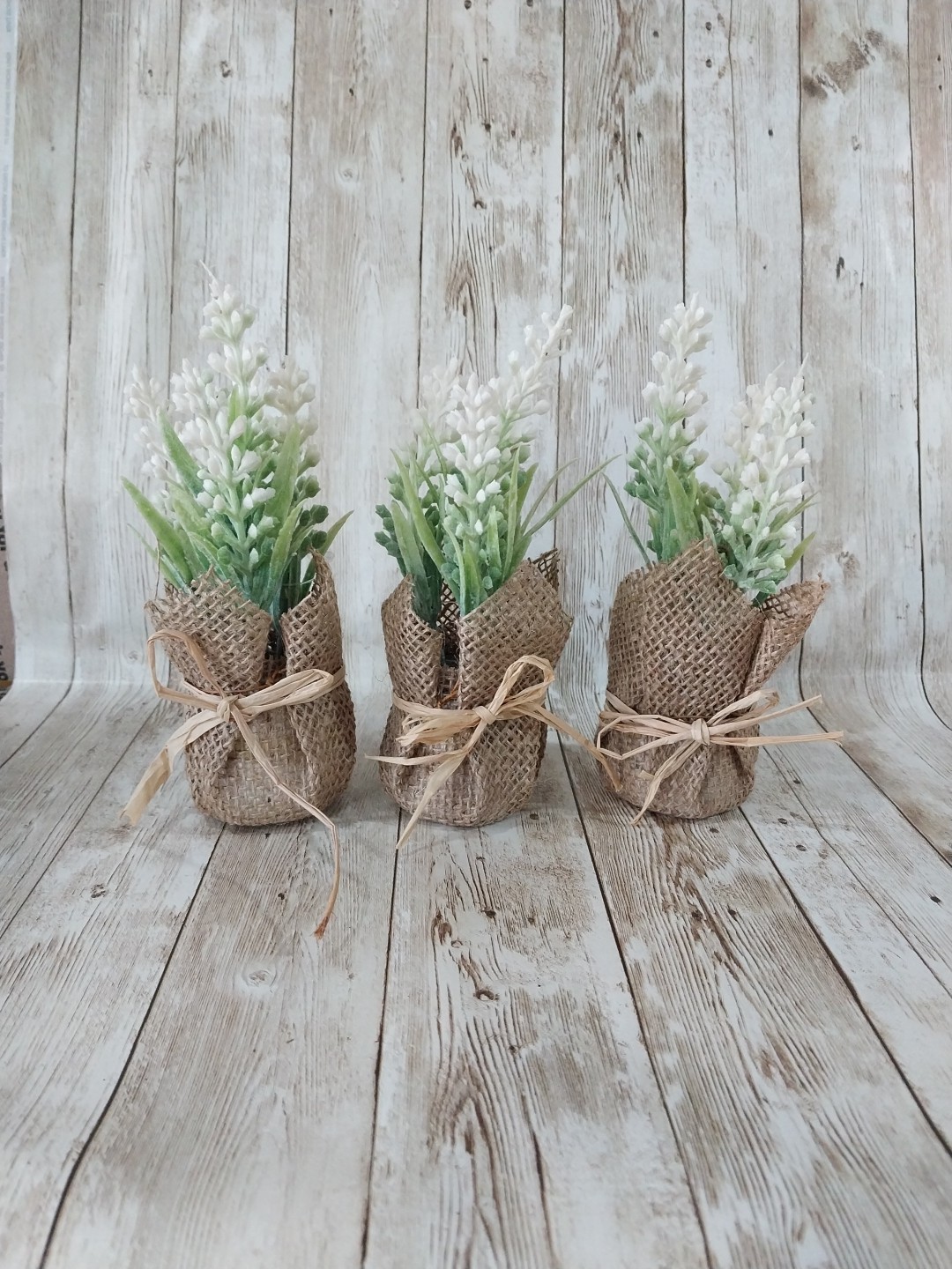 New! 3 Spring Plants Faux Mini Burlap Wrapped Floral Plant Arrangement Decor ~