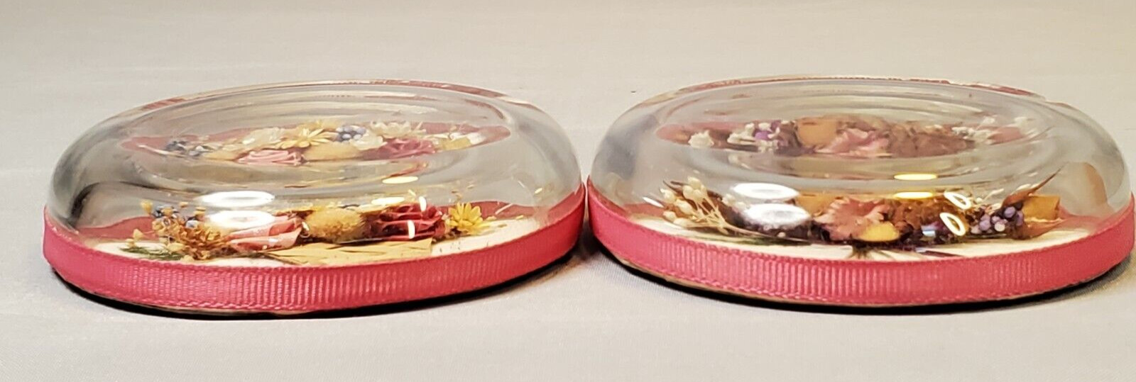 Convex Glass Bubble Dried Floral Silk Ribbon Floral Wall Art Shabby Elegance Set