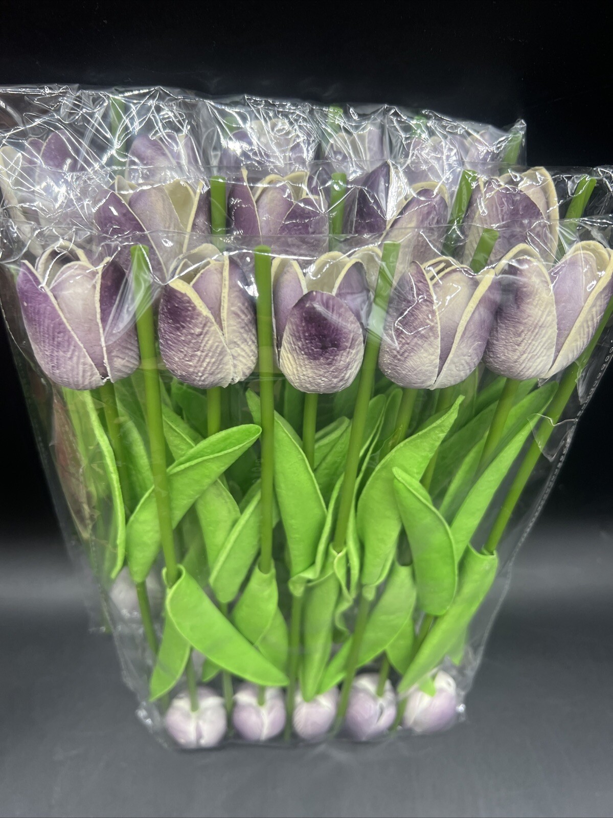 28 Pcs Purple Artificial Tulips Silk Flowers, Long Stem Green Leaves Real Touch