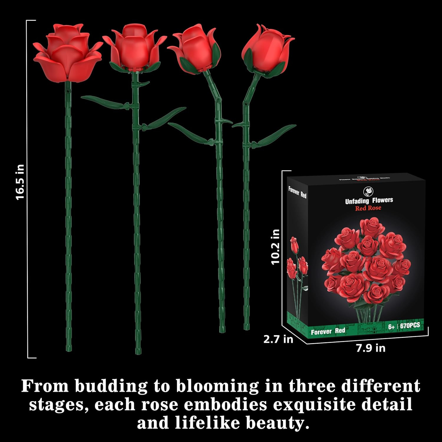 Red Roses Flower Bouquet Building Sets, 670Pcs Artificial Flowers Building Block