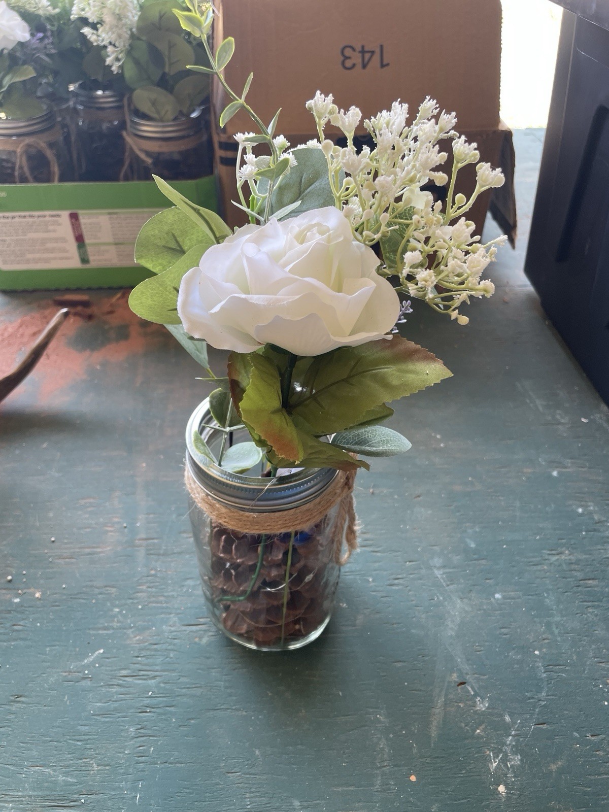 Artificial White Rose Mason Jar Centerpiece w/ Greenery Pinecones