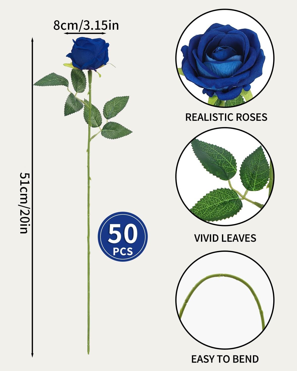 Artificial Royal Blue Roses – 50Pcs Premium Velvet Faux Roses with Long Stems…