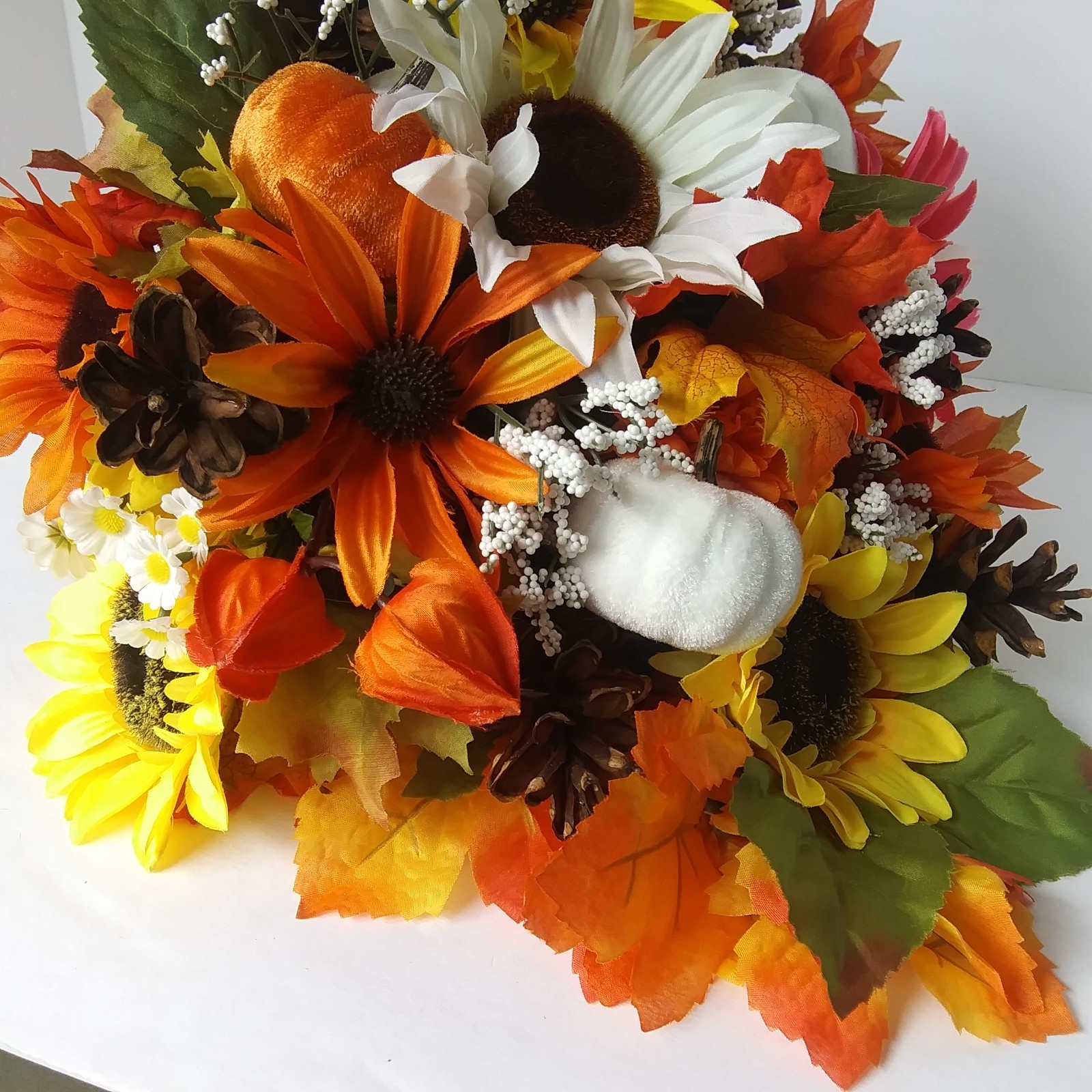 Fall Cornucopia Centerpiece Sunflowers Pinecones Maple Leaves Harvest Decor