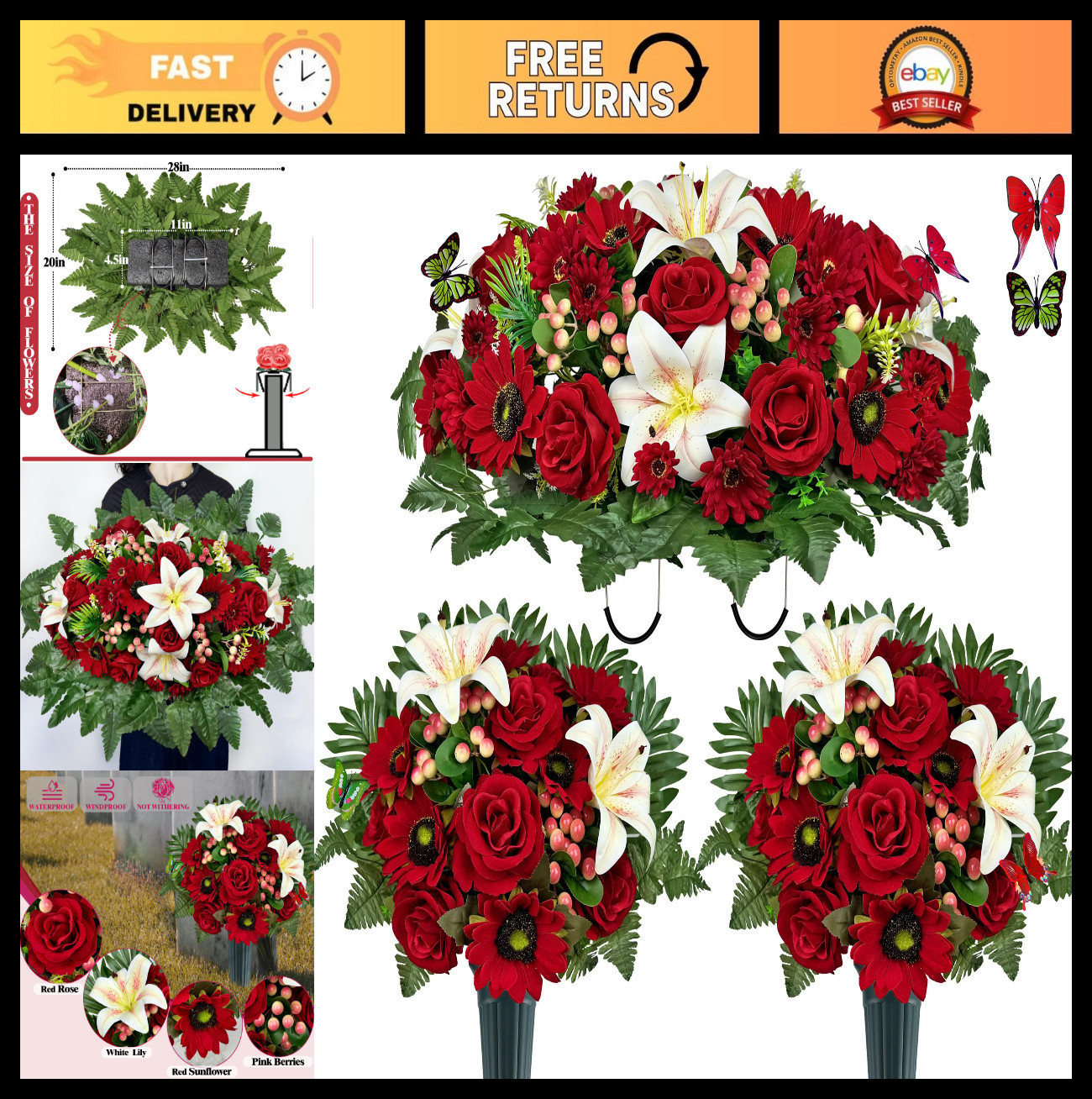 Artificial Cemetery Flower Bouquets – 3-Piece Headstone Saddle Set, Colorfast Ro