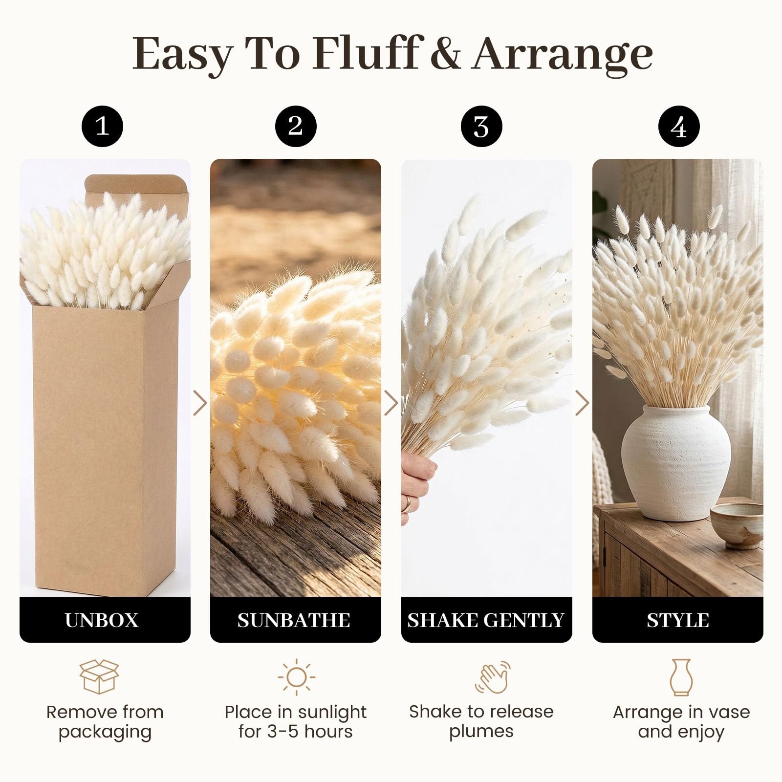 120PCS Dried Pampas Grass Decor, 17inch White Bunny Tails Dried Flowers, Bunn…