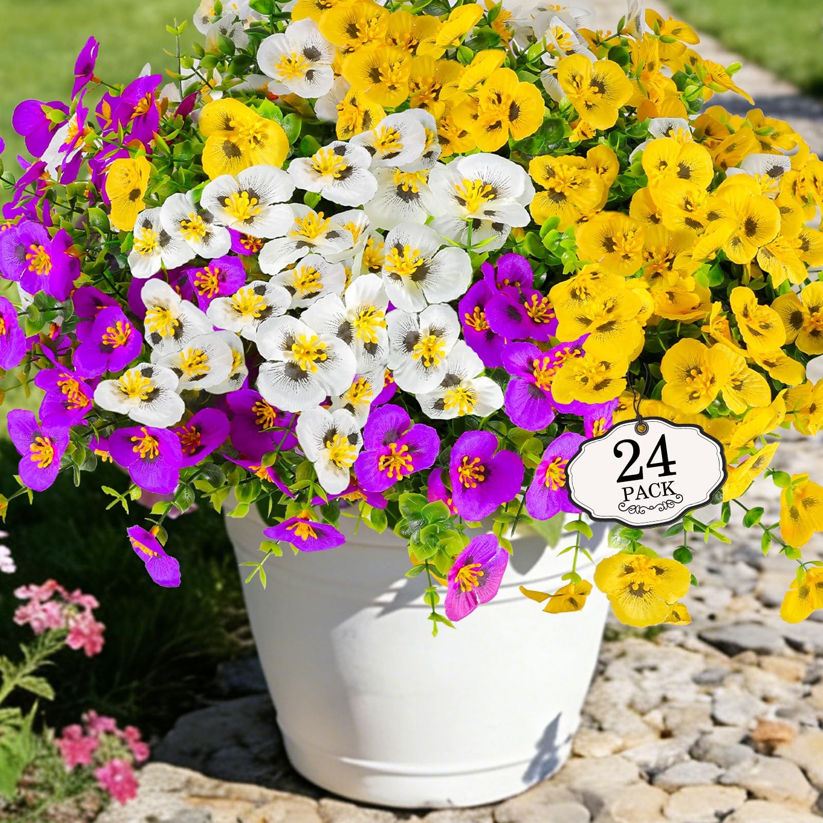 Artificial Pansies for Outdoors, 24 Pack Faux Silk Pansies Flowers UV Resista…