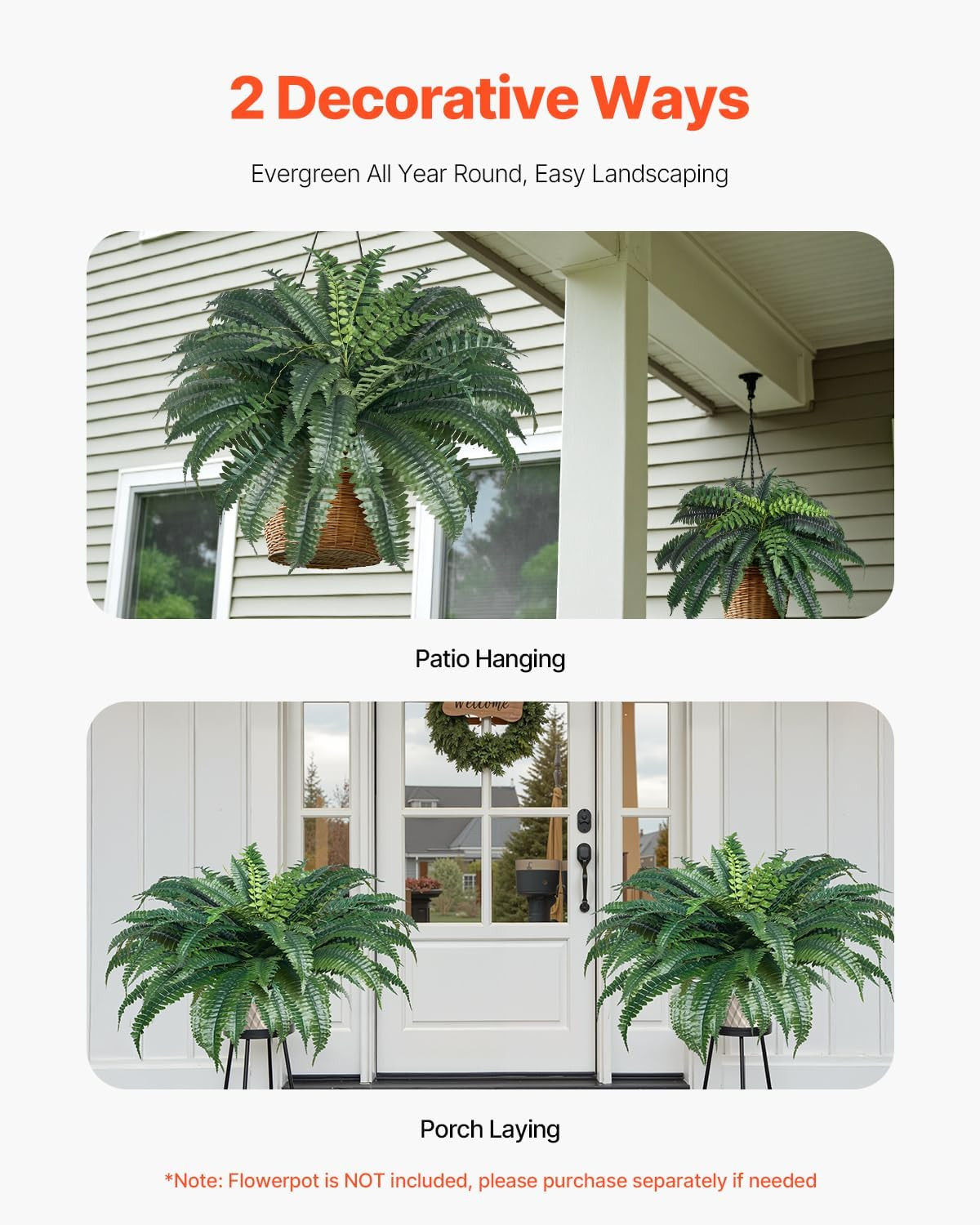 Large 47″ Artificial Boston Ferns – 2 Pcs Faux Plants for Home & Garden