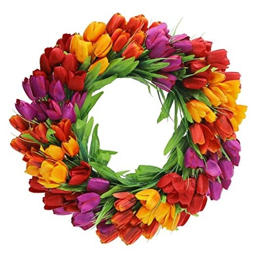 Tulip Wreath for Front Door, Spring Summer Silk 20 Inch Red Yellow Purple