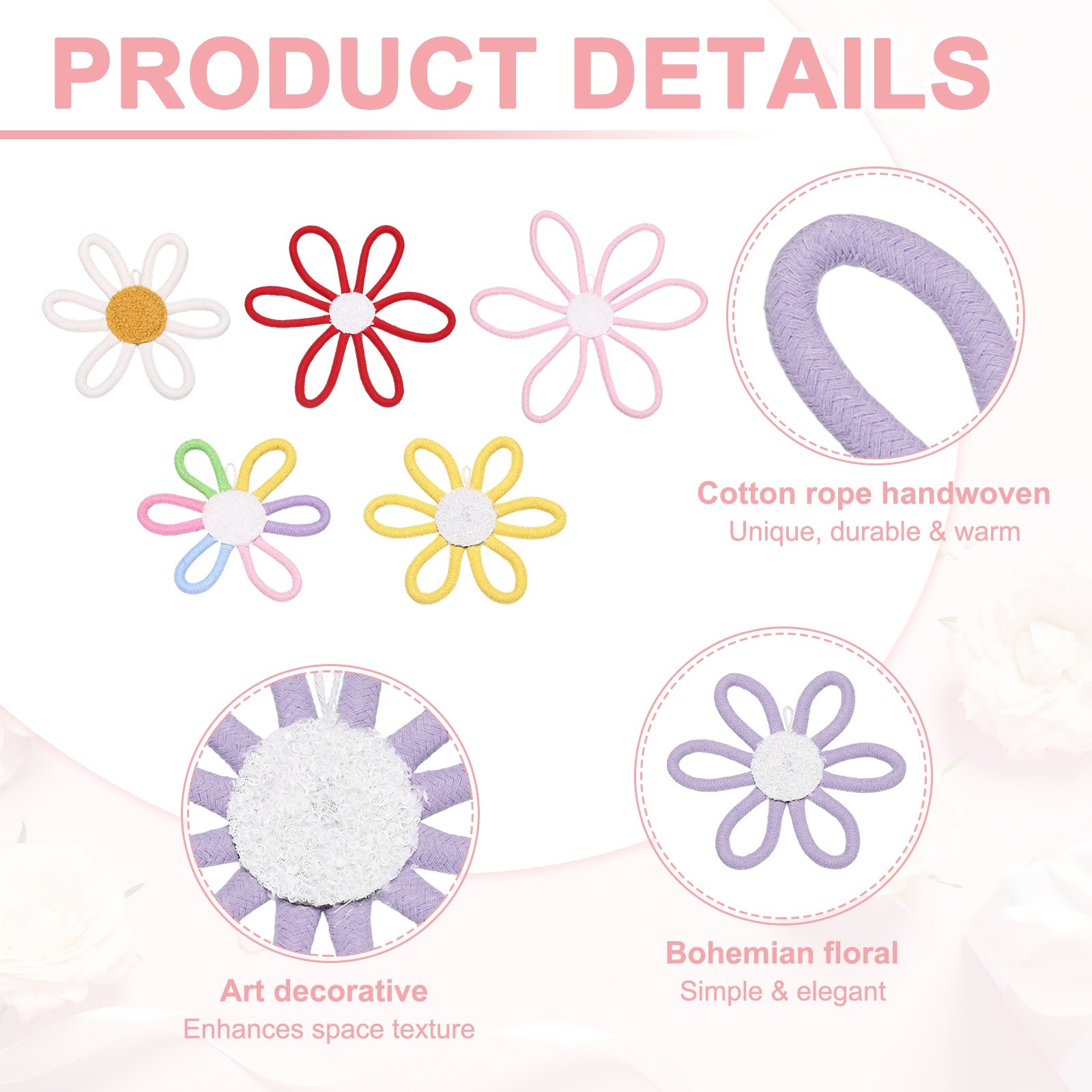 3Pcs Daisies Floral Wall Decor 6″ Flower Art Decor Woven Macrame Purple,