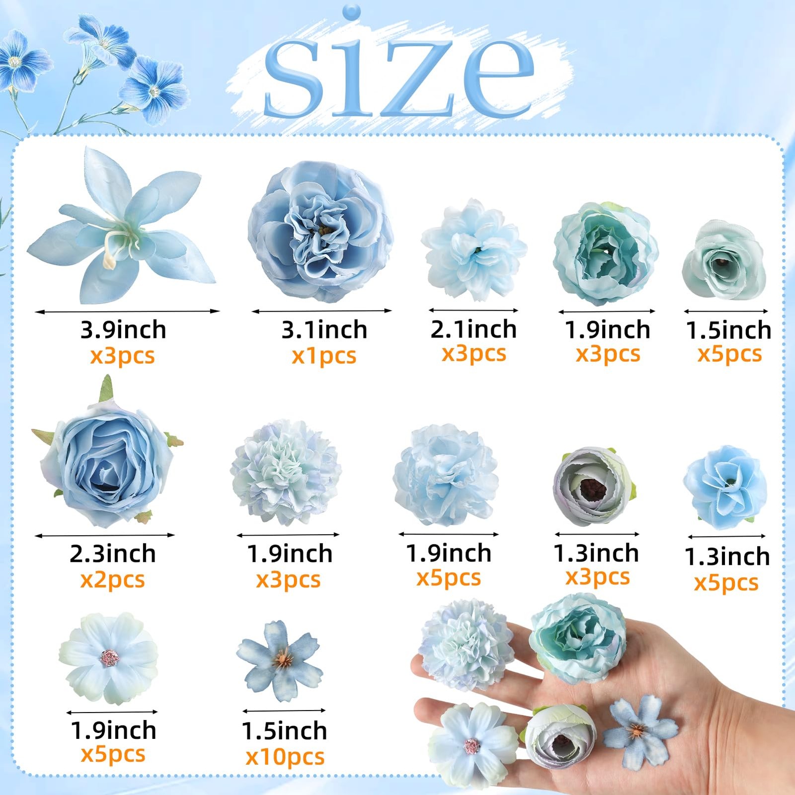 48 PCS Fake Flower Heads Crafts Blue Silk Artificial Roses Peonies Daisies