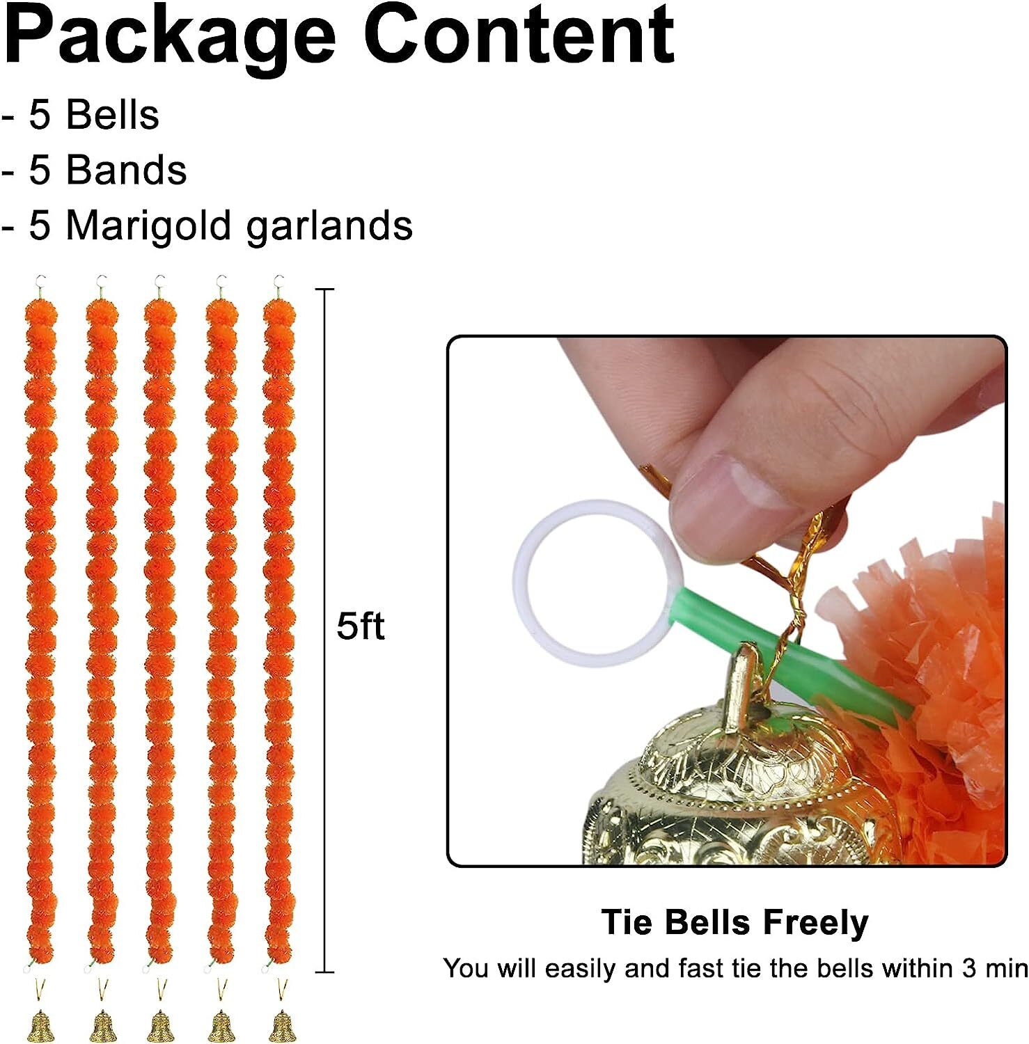 Marigold Garland with Bells 5 Pack Diwali Festival Stage Temple Decorations