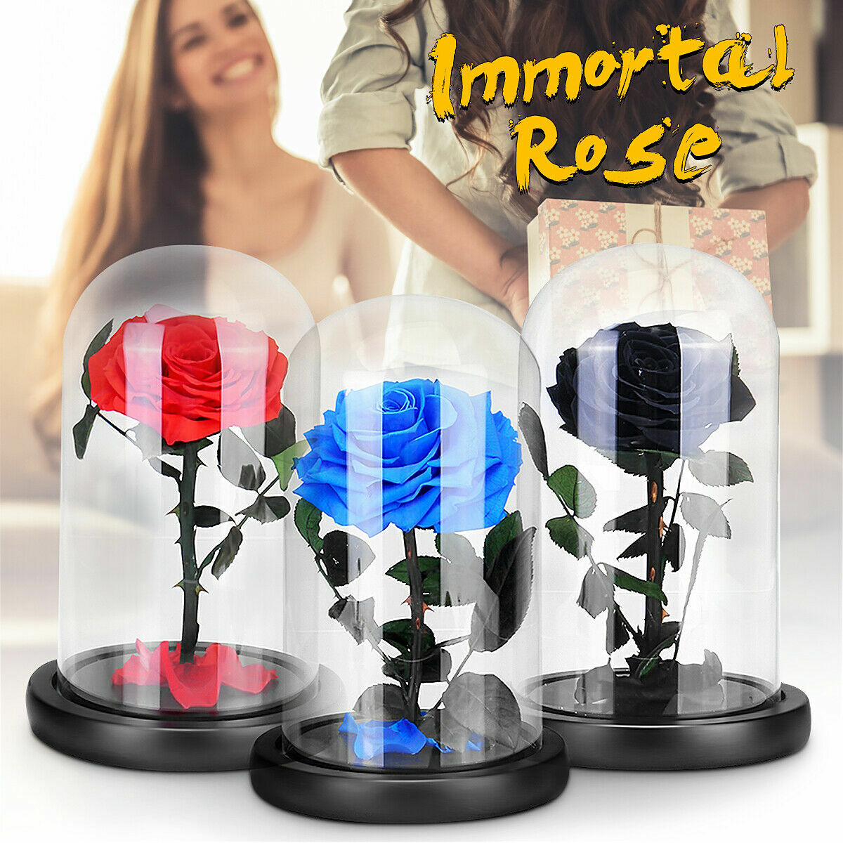 Red Blue Black Pink Forever Flower Immortal Fresh Rose in Glass Valentine’s Day