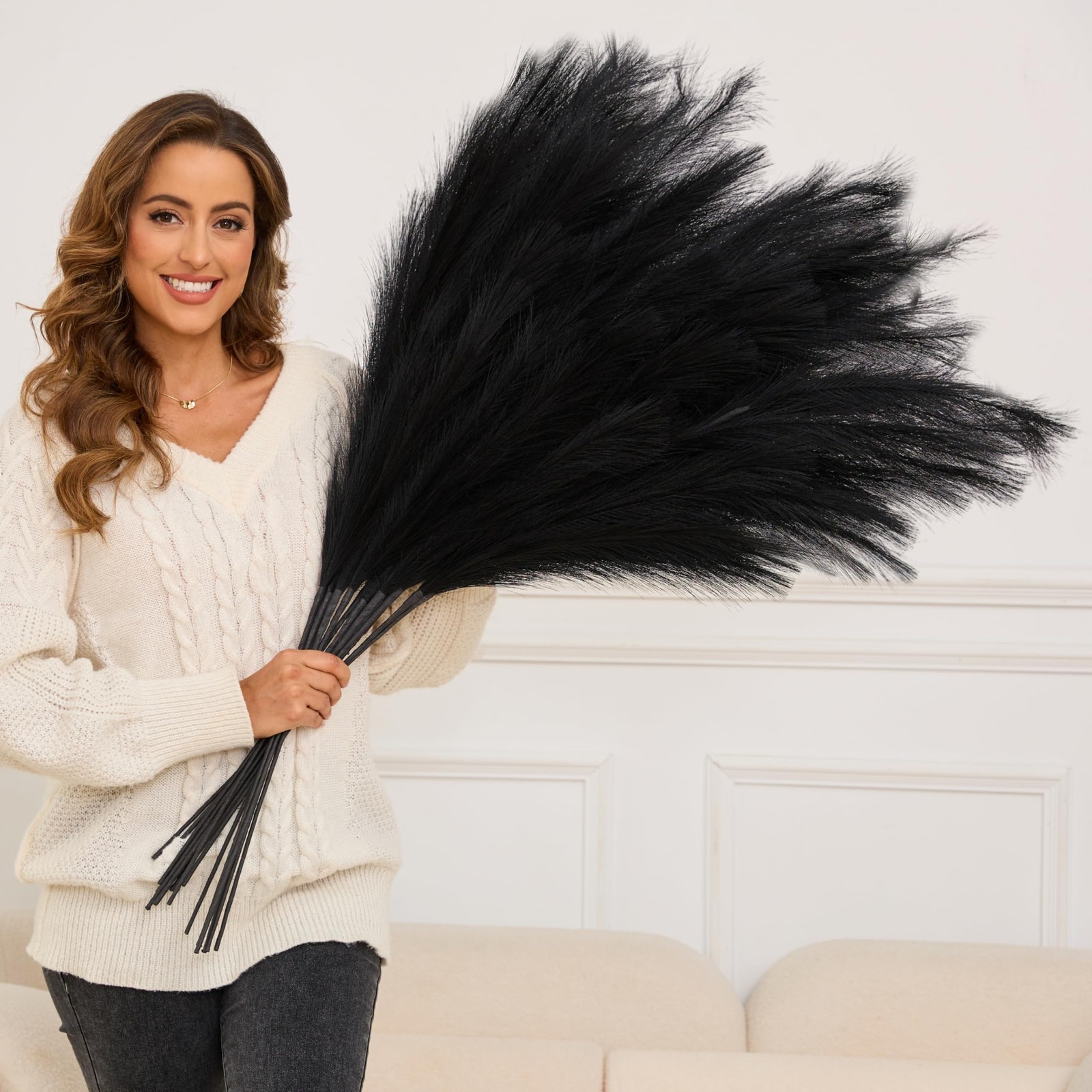 Faux Pampas Grass Tall, 9 PCS 43”/ 110 cm Large Black Pampas Grass Decor, Fa…