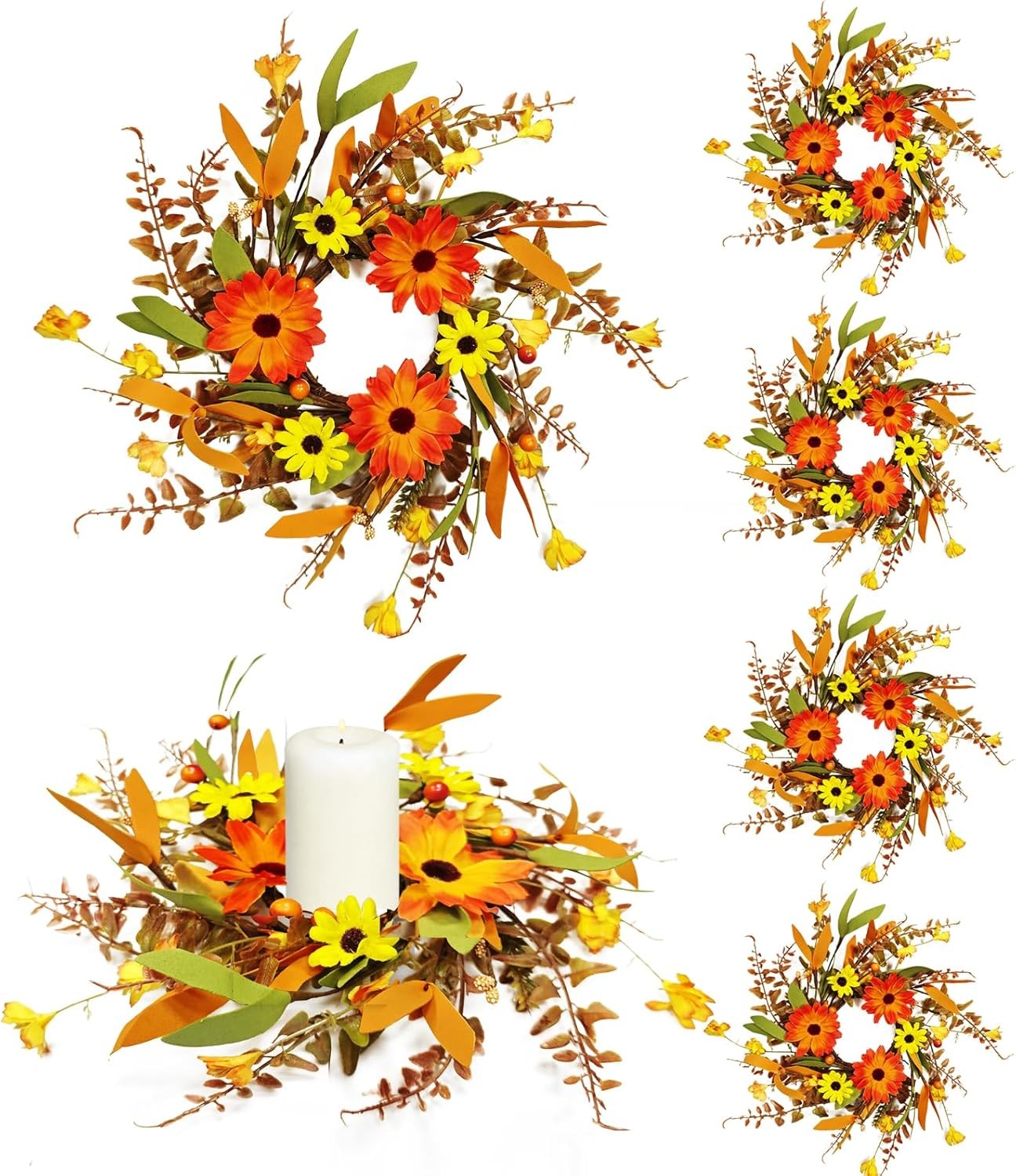 6 PCS 3 Inch Spring Summer Candle Rings Wreaths Mini Green Candle Rings Wreath